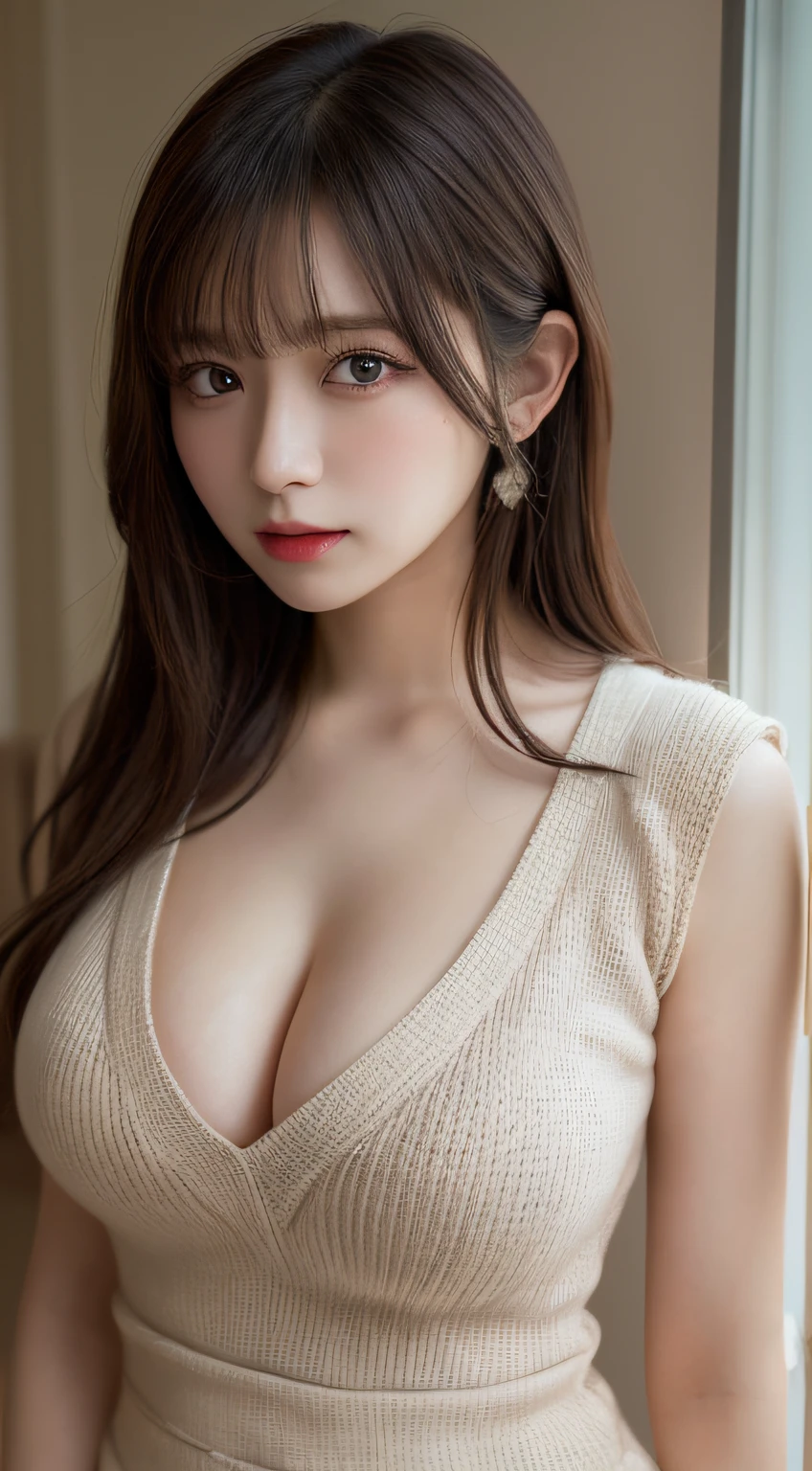 masutepiece, Best Quality, Illustration, Ultra-detailed, finely detail, hight resolution, 8K Wallpaper, Perfect dynamic composition, Beautiful detailed eyes, Natural Lip, Sexy knitted dresses , Big breasts, cleavage, Random sexy poses, Full body