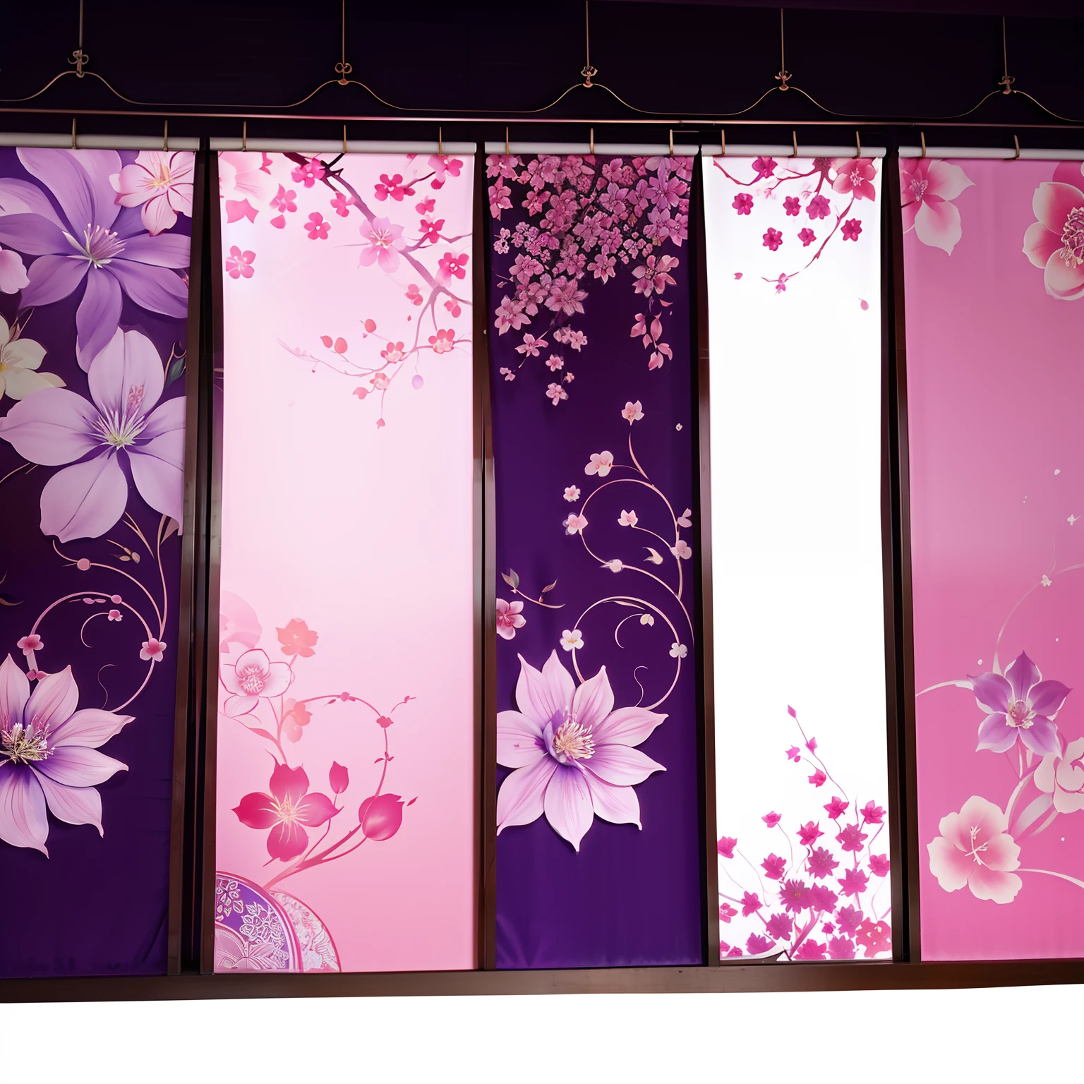 There are flower paintings on the walls, Purple background, Floral skin, Full view, 5D, 5 d, Clematis theme banner, 4 d, 4D, Sakura, japanese related with flowers, Oriental wallpapers, oriental, full lenght view, vintage look, three quarter view, florals, Chinoiserie pattern, Retro
