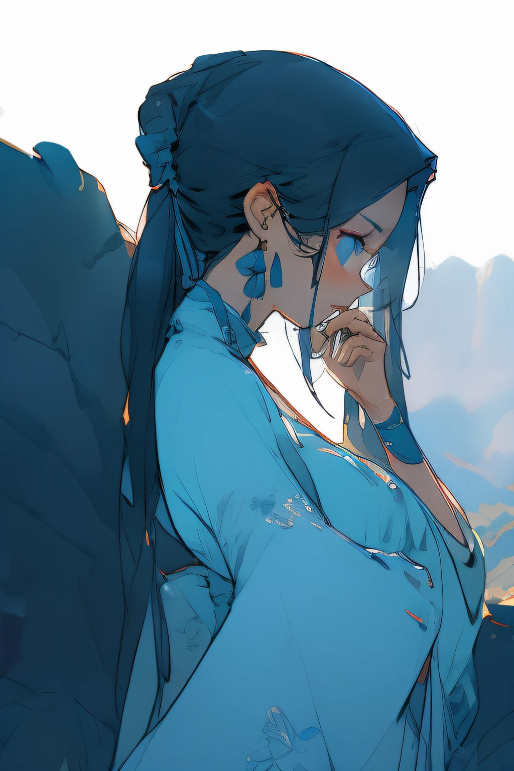 Ancient Chinese beauties sit on stones，wearing ancient Chinese costume，Flowing tulle，Light silk，Lazy posture，large lotus leaf，lotuses，Ink painting style，clean color，Decisive cut，Leave white space，impressionistic，tmasterpiece，ultra-detailliert，Epic composition, high qulity, HighestQuali, 4k long blue hair --v 6