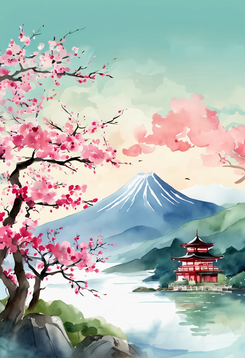 a poster with japanese buildings and a mountain in the background, in the style of light teal and dark pink, traditional animation, travel, layered images, traditional, vintage imagery, cherry blossoms