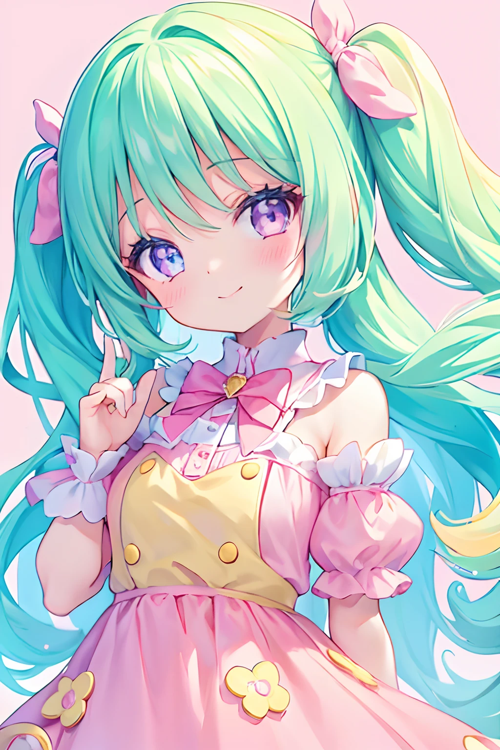 (1girl), idol, closeup, big eyes, kawaiitech, kawaii, cute, pastel colors, best quality, happy, light smile, (deep background)