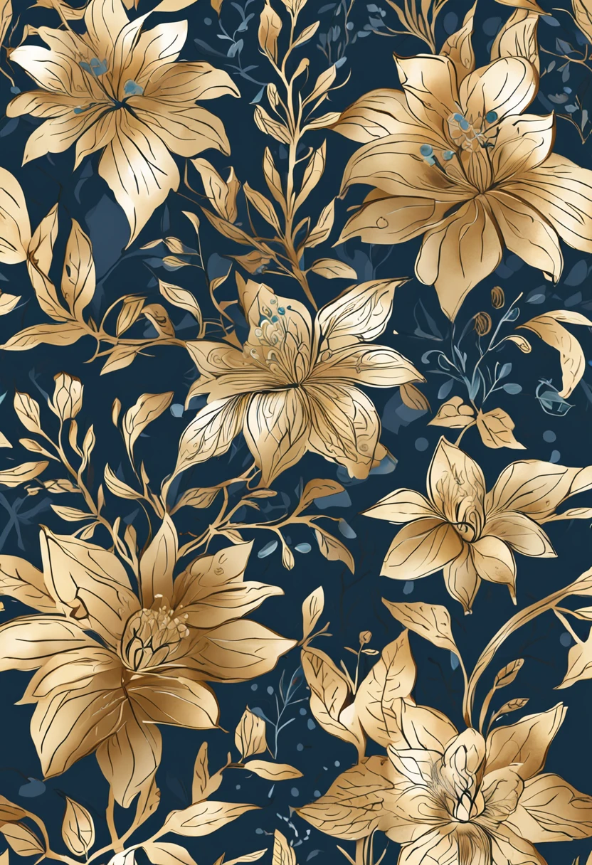 illustration,Yunnan tea tree,teals,Luxury,Overall dark blue tone,Thin gold wire,flat style,No characters,Linear illustration - 9:16 resolution - the style is expressive