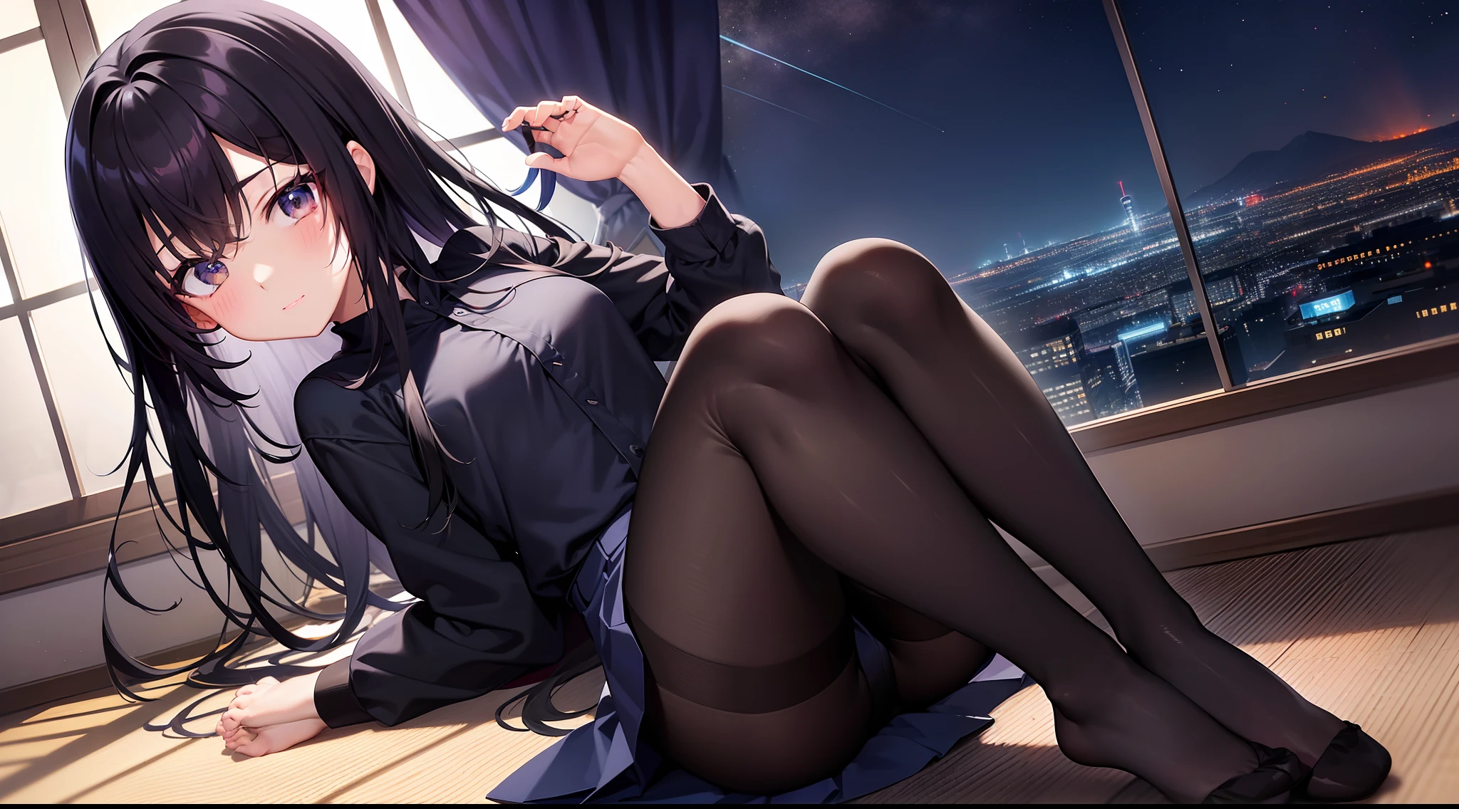 tmasterpiece、Need、Highest high resolution、Japanese high school student、Japanese high school girl、Dark blue top、a black pleated skirt、The slender legs are wearing dark black pantyhose、No shoes、ccurateblack hair、Long straight hair, blue colors+Black colored eyes、Sit by the large floor-to-ceiling windows、Outside the window is a sight that can only be seen from the upper floors:Illuminated streets、Brilliant neon lights、Dark night sky and starry sky。