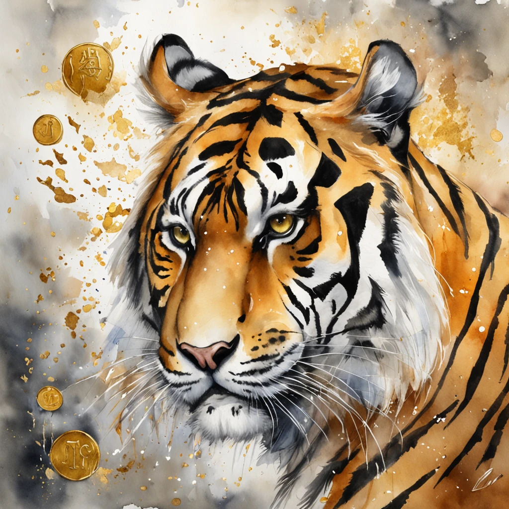 a tiger、One Tiger、Wax Moon、Gold coins rain down, surrealism, Realism, Verism, spark of light, Cinematic lighting, spark of light, god rays, nffsw, masutepiece, ccurate, Super Detail, high details, High quality, Best Quality, hight resolution, Anatomically correct