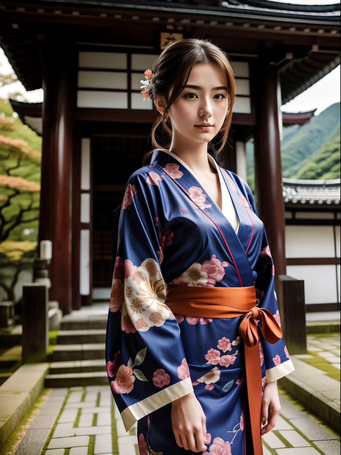 Masterpiece, hd, realistic, 1girl, 20 y.o, medium hair, german woman, European, wear Japanese kimono, traditional temple background, standing