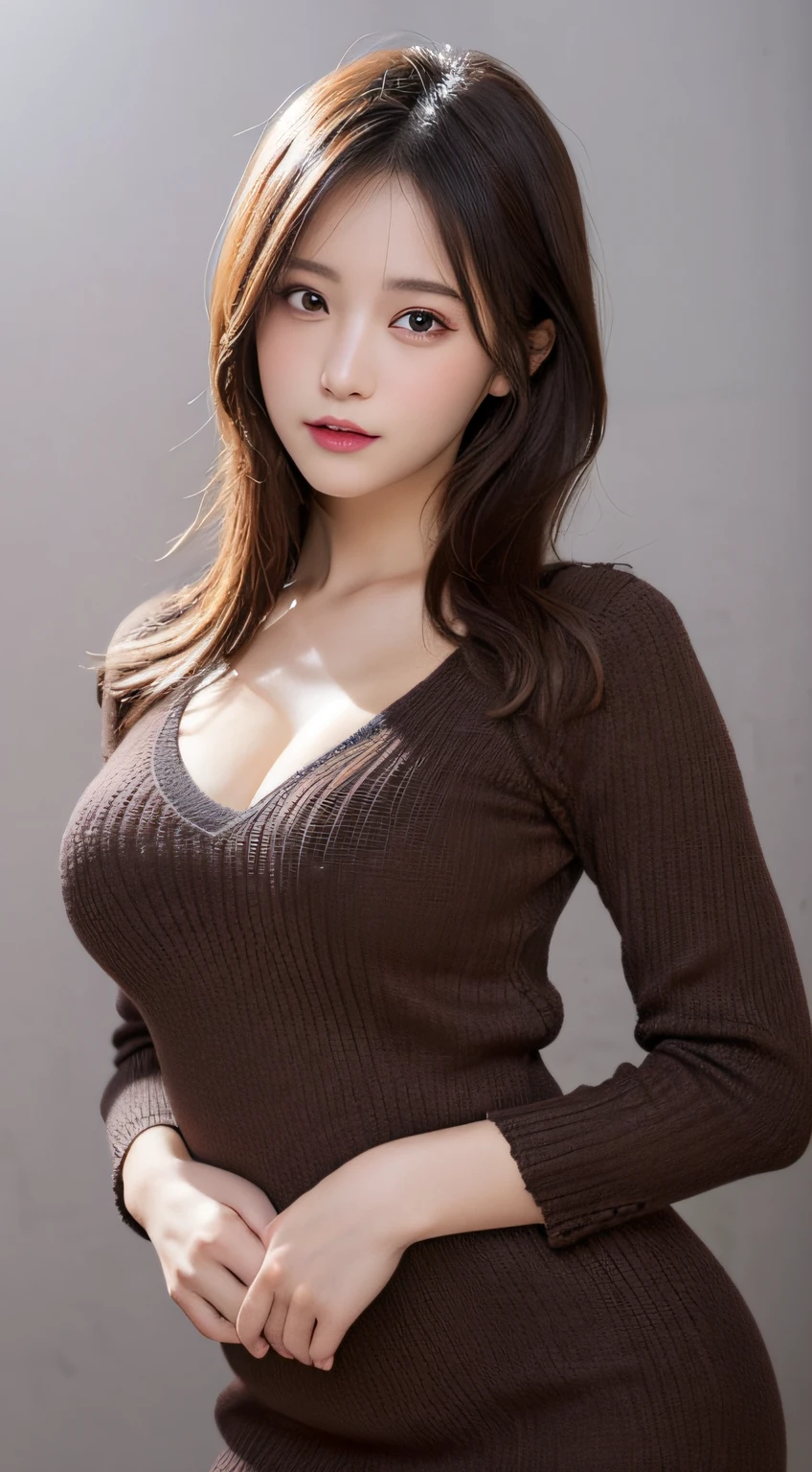 masutepiece, Best Quality, Illustration, Ultra-detailed, finely detail, hight resolution, 8K Wallpaper, Perfect dynamic composition, Beautiful detailed eyes, medium hair,Natural Lip, sexy knitted dress , Big breasts, cleavage, Random sexy poses, full body