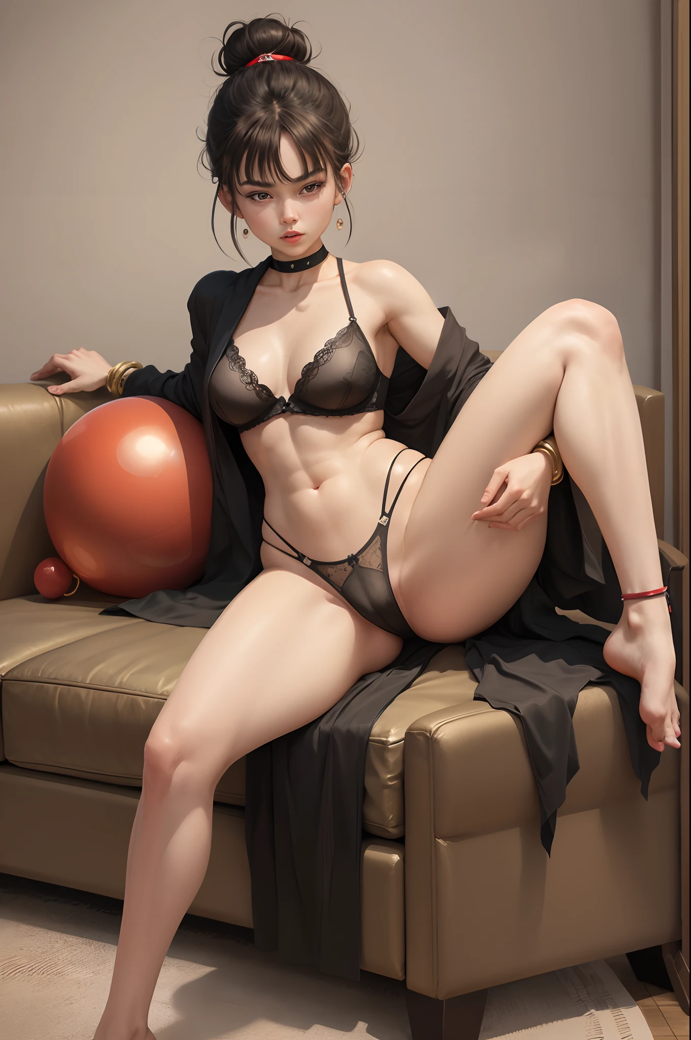 Masterpiece, Best quality, Highest quality, Dragon Ball manga style, Perfect anatomy, Perfect face, Seductive eyes,
dbzch1ch1, side locks, bangs, single hair bun, hair-bun, (Black eyes), Red spherical earrings, Red bracelet, Kiki in Dragon Ball，Wear sexy lingerie and thongs, On the couch at home