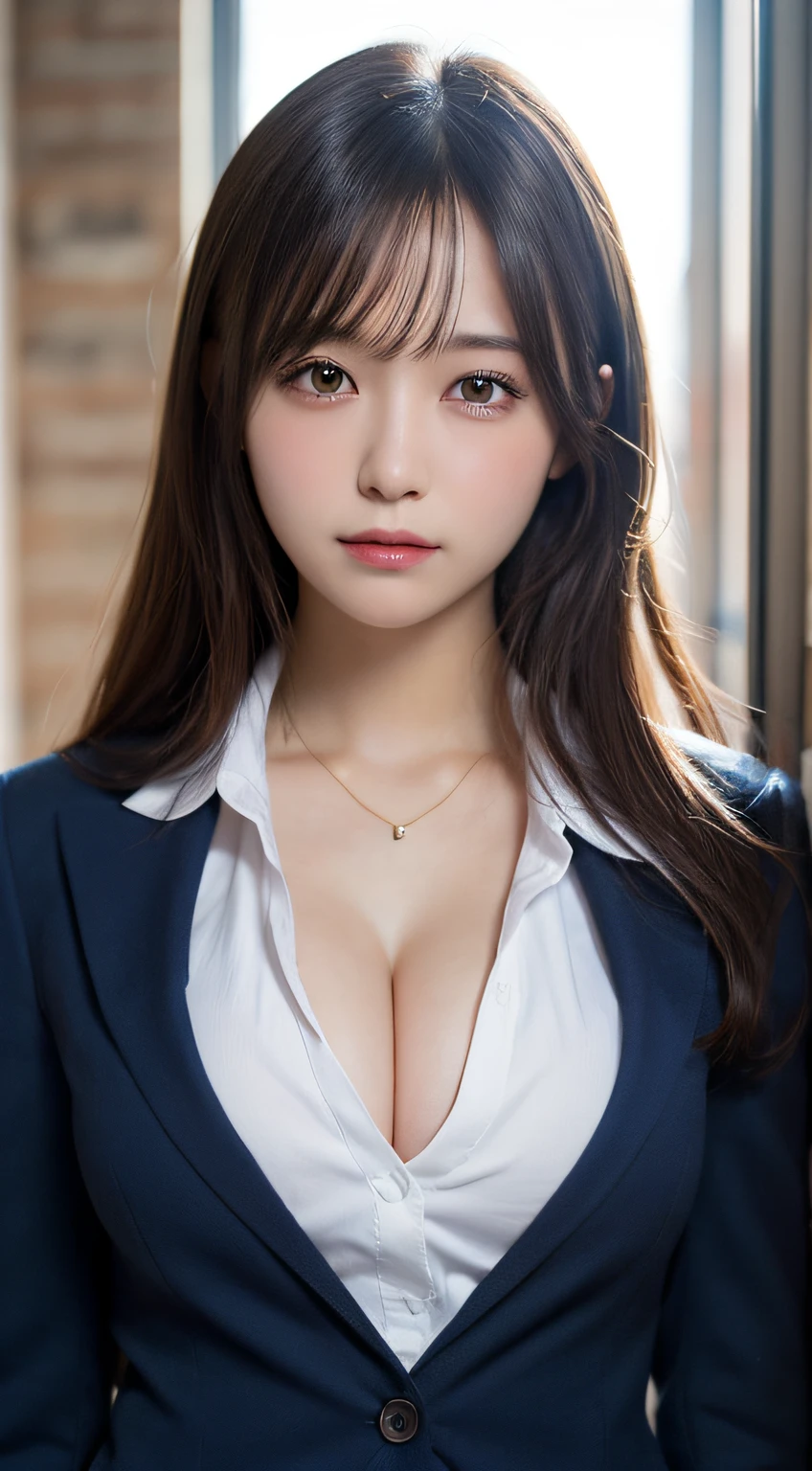 masutepiece, Best Quality, Illustration, Ultra-detailed, finely detail, hight resolution, 8K Wallpaper, Perfect dynamic composition, Beautiful detailed eyes, Natural Lip,Blazer ,School uniform, cleavage, Full body