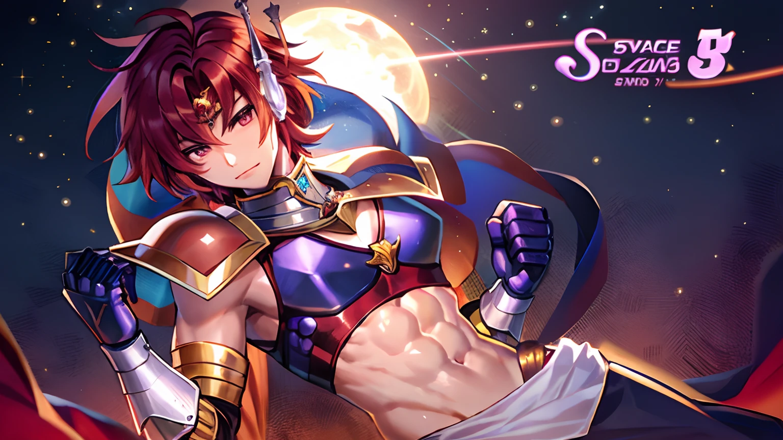 Close up portrait of a man in costume holding a sword, Knight of Zodiac Boy, Portrait Knight of Zodiac Boy, Boy with short red hair, Boy with brown eyes, Muscular men, masculine and muscular, In garnet armor, Bikini Armor Boy, Boy in belly button costume, Enchanting Prince Night, Smooth Anime CG Art, Prince Knight, Galactic Prince, big muscle, Prince of Garnet, Garnet reflective armor, digital manga art, High quality anime art style