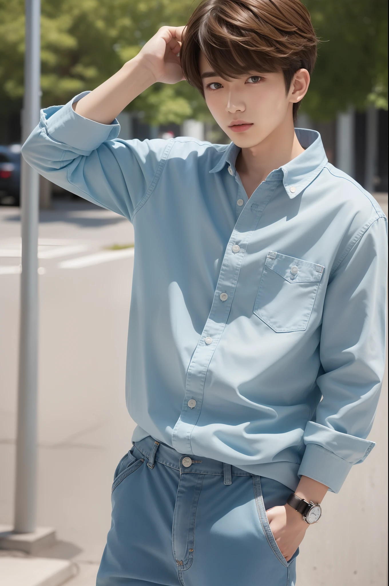 Portrait of 20 year old Japan male idol painted in spring business style/Summer. Wearing a light blue Uniqlo button-up shirt, Zara pants with a slim fit, and white Converse sneakers. Combination with Seiko casual watches. The face is young々Reflects energy and trendiness, Fresh look. Spring hairstyles/Summer. In the texture of curled hair、Trendy undercut with light brown highlights, Styling with Light Hold Gel. This style is、His youth々Emphasizes an energetic personality. The face conveys a fun, fresh modern look.