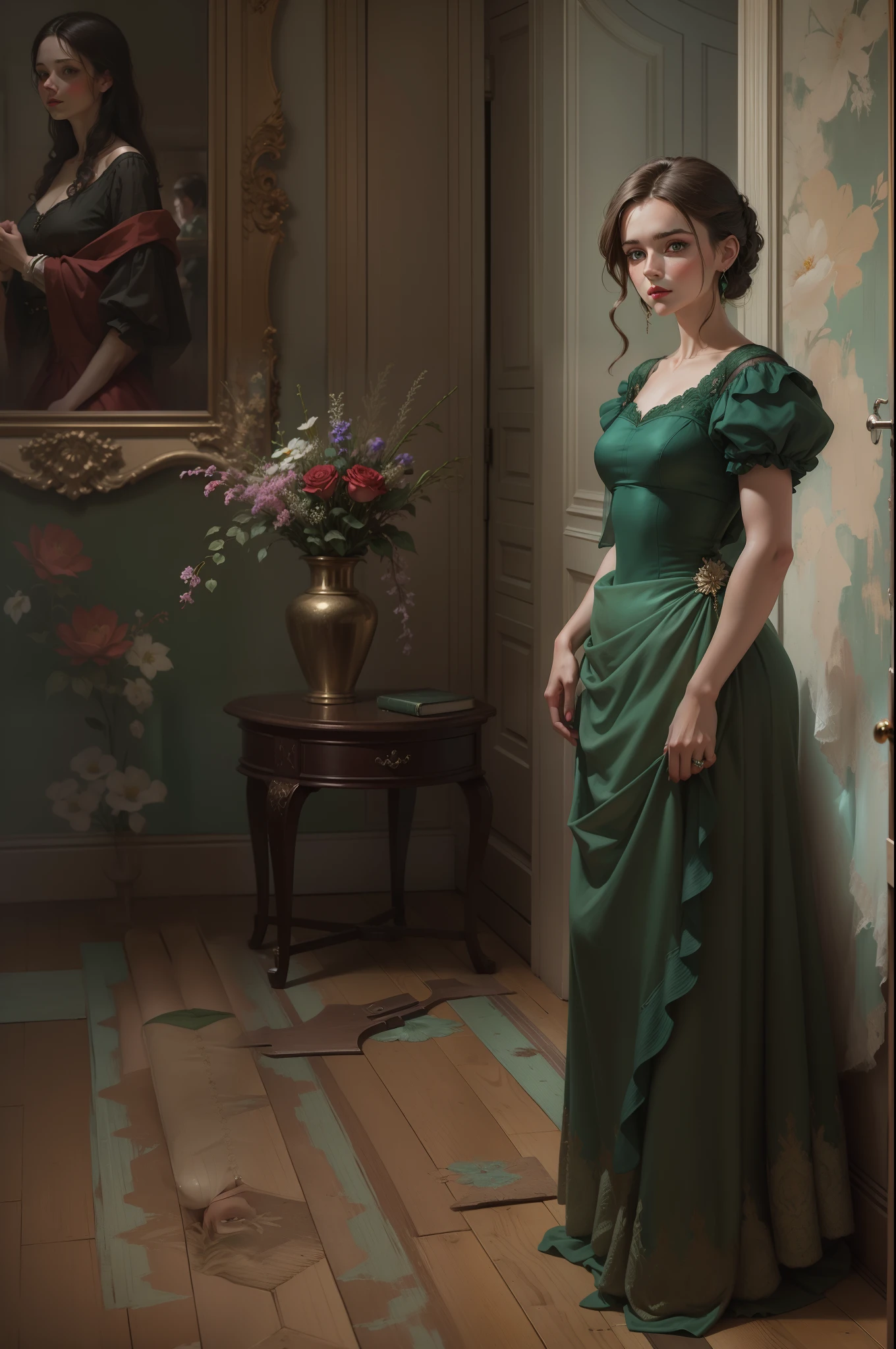 a painting of a woman in a green dress standing in a room, a young woman in a dress, oil on canvas by Ambrose Mcevoy style, she has a lovely emerald green dress on, she is beautiful, with blue eyes, brown hair, elegant, she is in a room with flowers on the table, she is looking over her left shoulder with a sad look, she has ruby red lips, this is a masterpiece, fine art