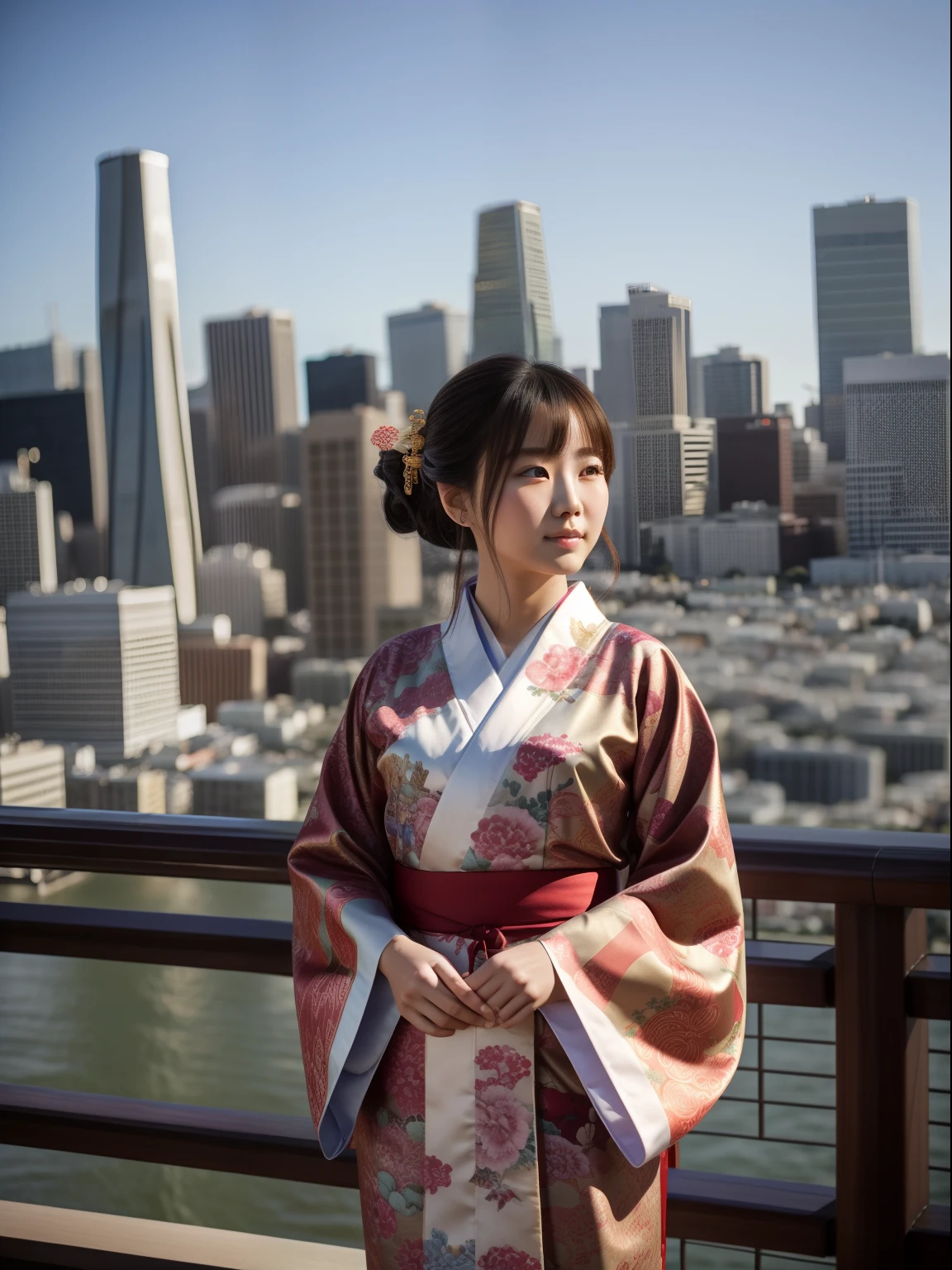 Masterpiece, hd, realistic, 1girl, 20 y.o, medium hair, Chinese woman , wear Japanese kimono, san Fransisco, city background m, san Fransisco city background, standing