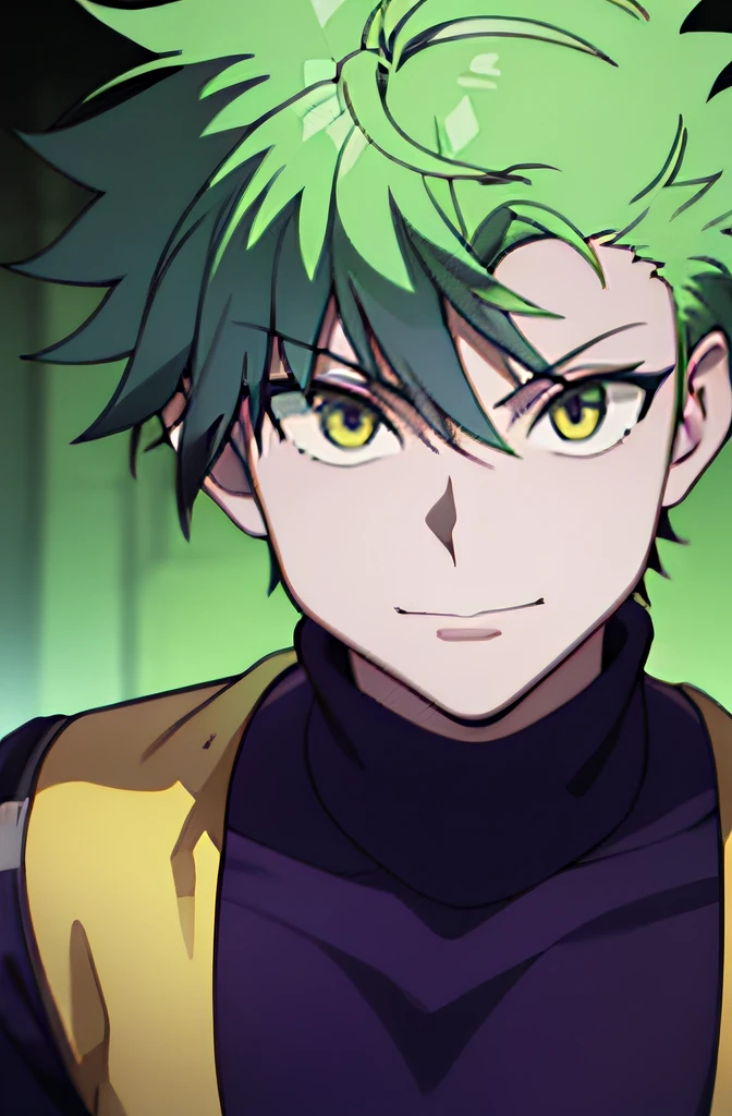 masterpiece, best quality, high quality, 1boy, solo, male focus, looking at viewer, upper body, green hair, spiked hair, yellow eyes,