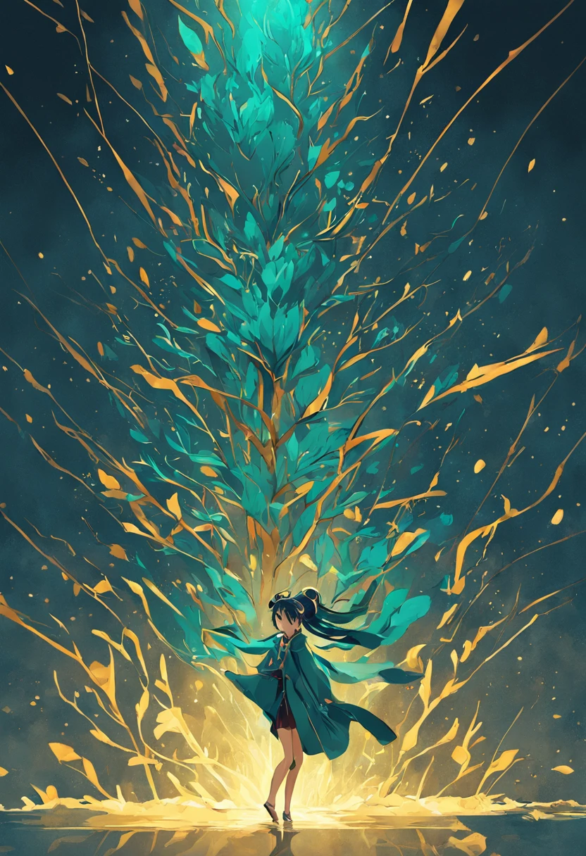 illustration，Yunnan tea tree，teals，Luxury，Overall dark blue tone，Thin gold wire，flat style，No characters，Linear illustration - 9:16 resolution - the style is expressive