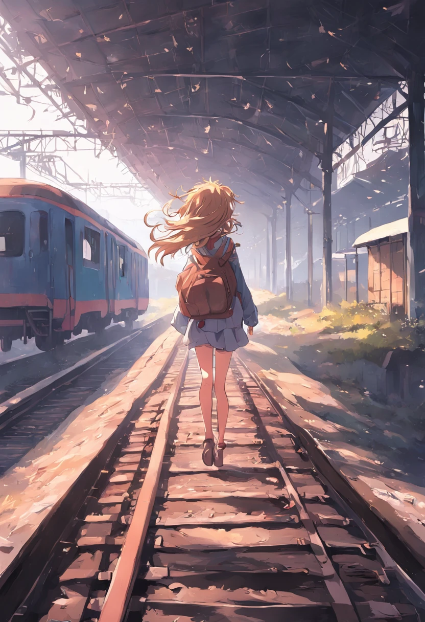 Abandoned train station Girl walking alone on the tracks The wind ruffled her hair