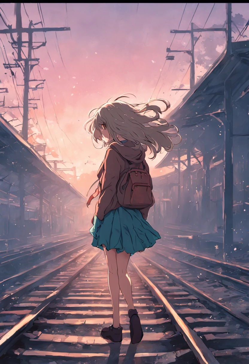 Abandoned station Girl walking alone on the railroad tracks The wind ruffled her hair