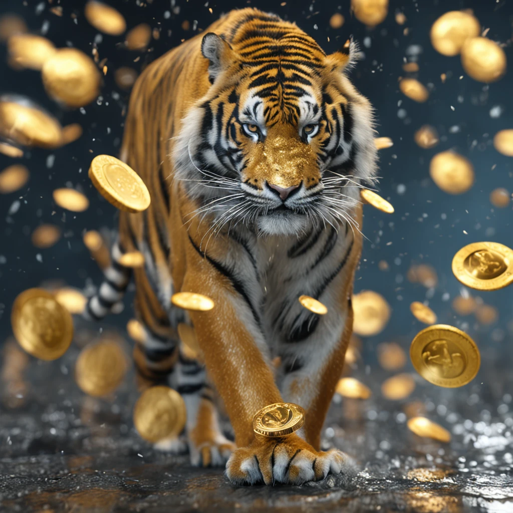 a tiger、One Tiger、Wax Moon、Gold coins rain down, surrealism, Realism, Verism, spark of light, Cinematic lighting, spark of light, god rays, nffsw, masutepiece, ccurate, Super Detail, high details, High quality, Best Quality, hight resolution, Anatomically correct