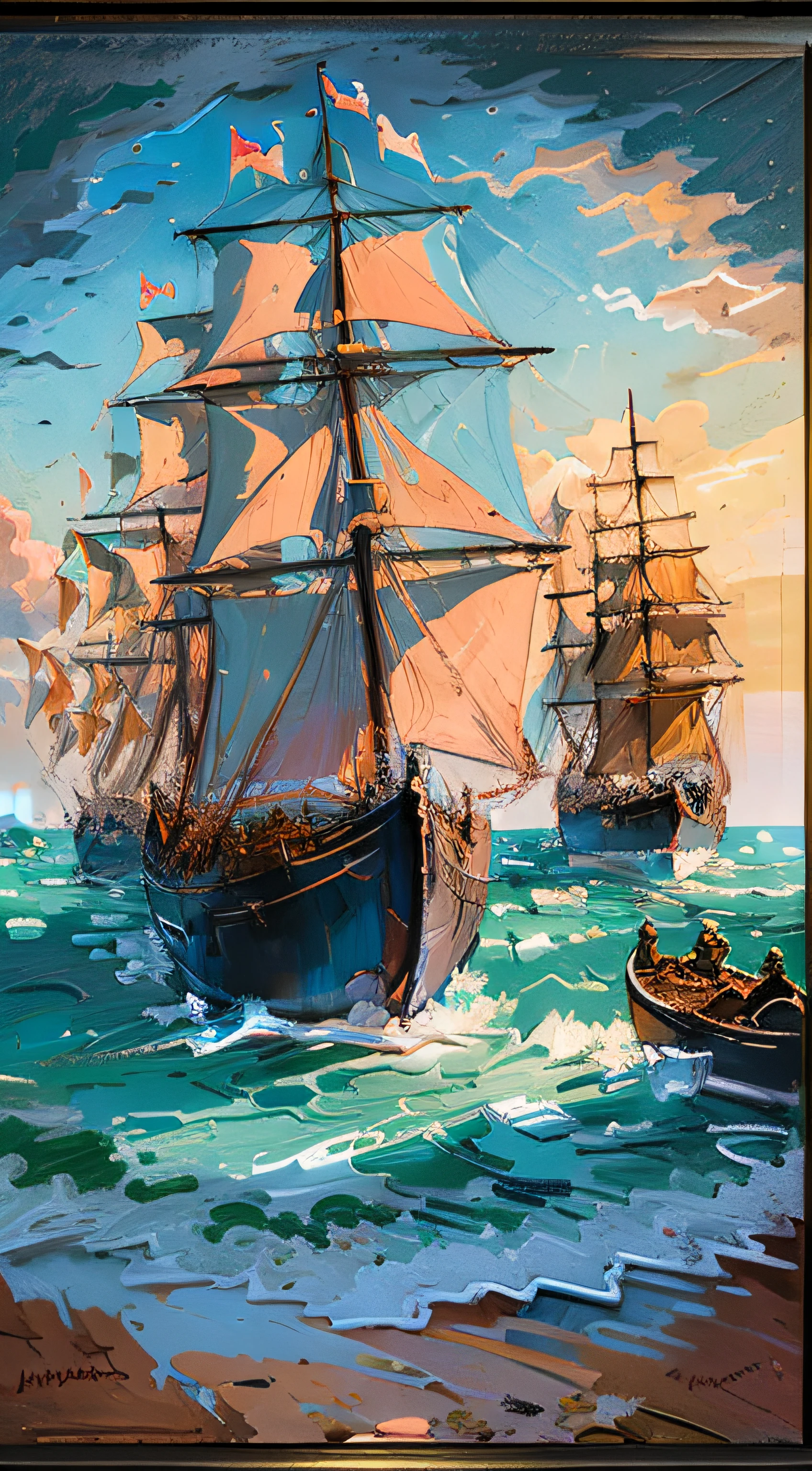 Sail ships, framed, Classicism, Impressionism, chiaroscuro, best quality