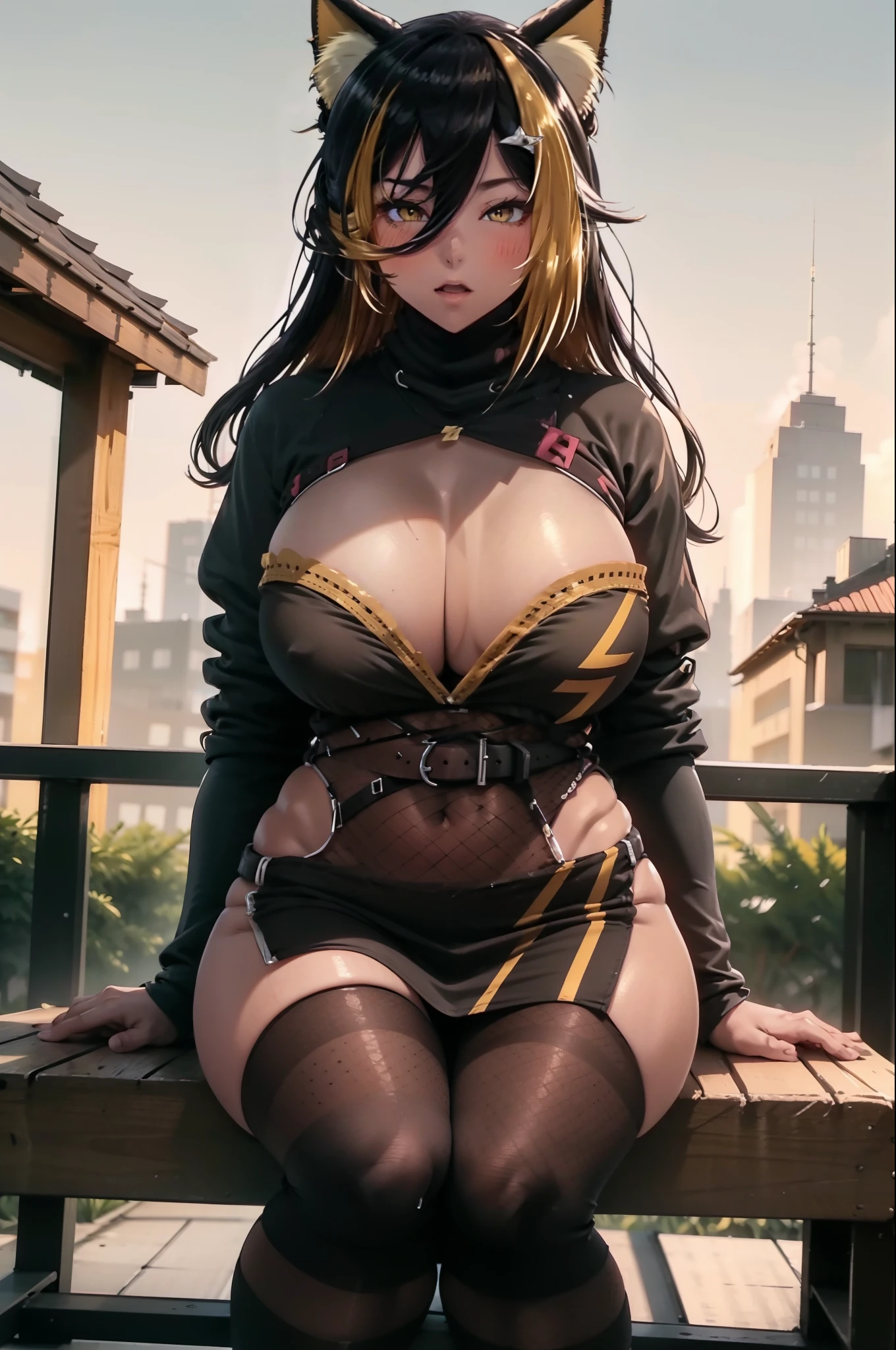 anime style、masterpiece、highest quality、1 girl、(big breasts:1.3、shiny skin:1.5、blush)、satella、serious、blonde hair、long hair、cowboy shot、dress、brown cross lace shoes、cleavage、black ribbon、juliet sleeves、from below、from belowのアングル、Low-angle perspective, from below見上げる構成
