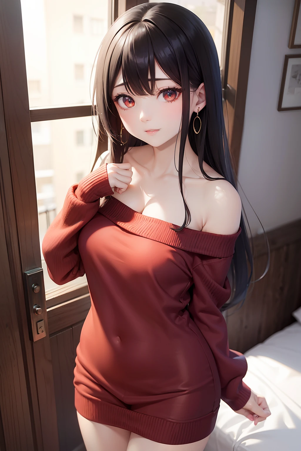masutepiece、Yol Brier A dark-haired、long、side locks sharp eye、big eye、Beautiful skin、beautiful countenance、Red Eyes off shoulders、Red knitted dress、Off-shoulder knitwear、、Katyusha、shairband、earrings、Gold Earrings、、Black pantyhose Tall lady、独奏 Adult Pose Background with、window