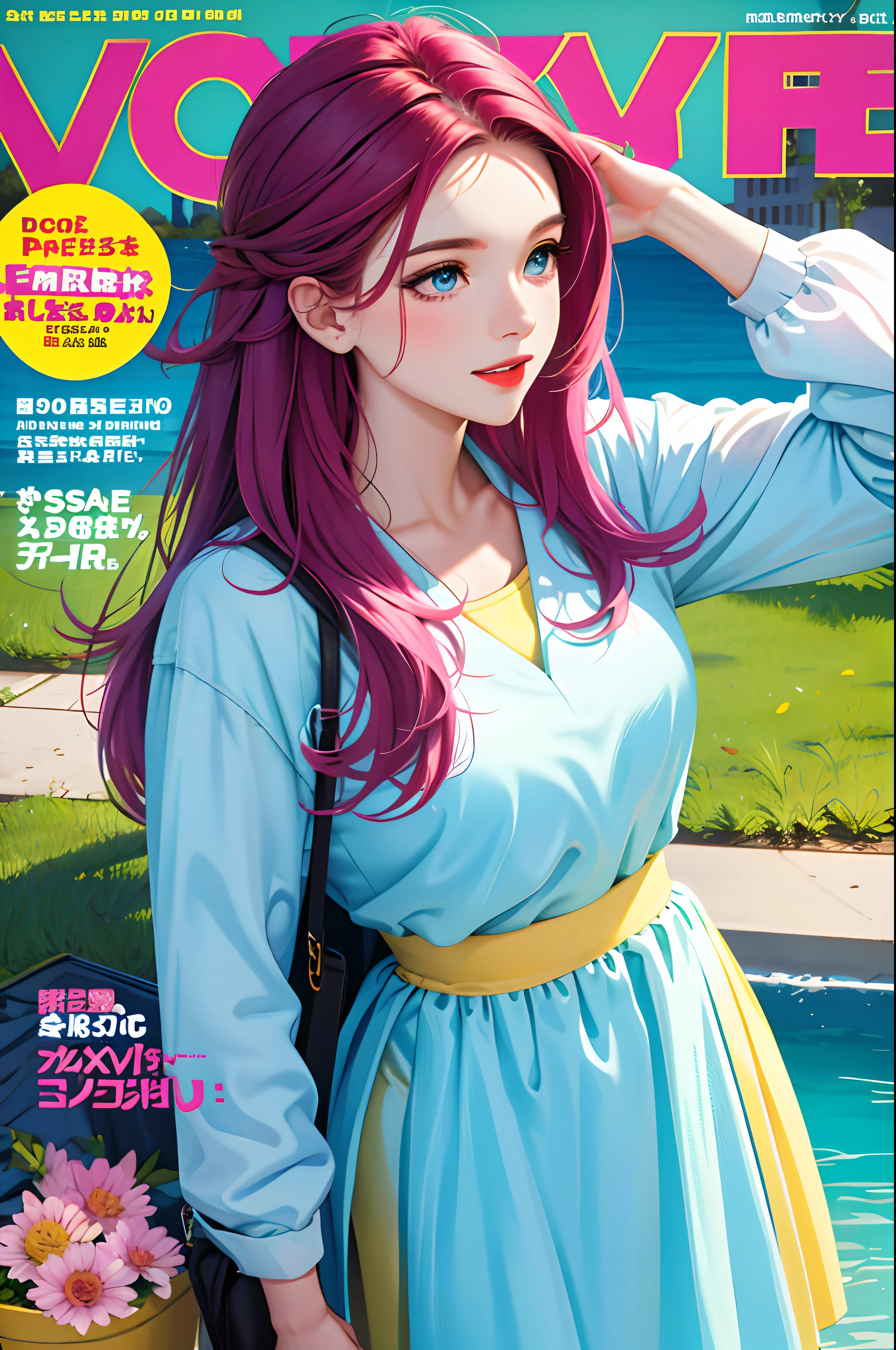 masterpiece, best quality, spring outfit, colorful hair, outdoor, magazine cover ,upper body,