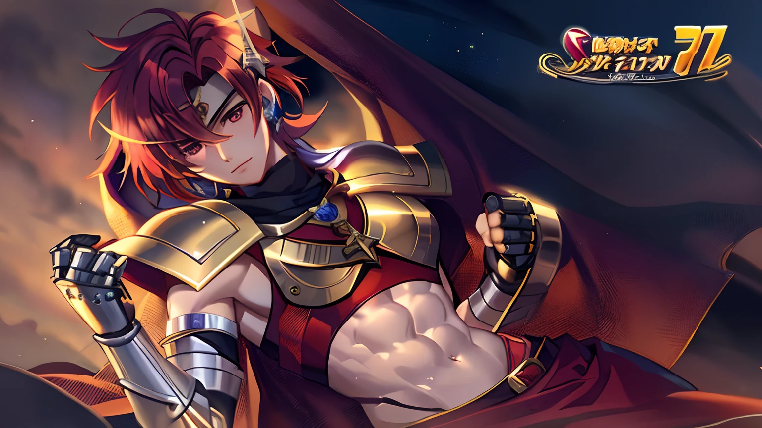 Close up of a boy in costume holding a sword, Knight of Zodiac Boy, Portrait Knight of Zodiac Boy, Boy with short red hair, Boy with brown eyes, Muscular men, Bikini Armor Boy, Navel Ejection, In garnet armor, Enchanting Prince Night, Smooth Anime CG Art,  Prince Knight, Galactic Prince, Prince of Garnet, digital manga art, Anime Manga Robot!! Anime Boy