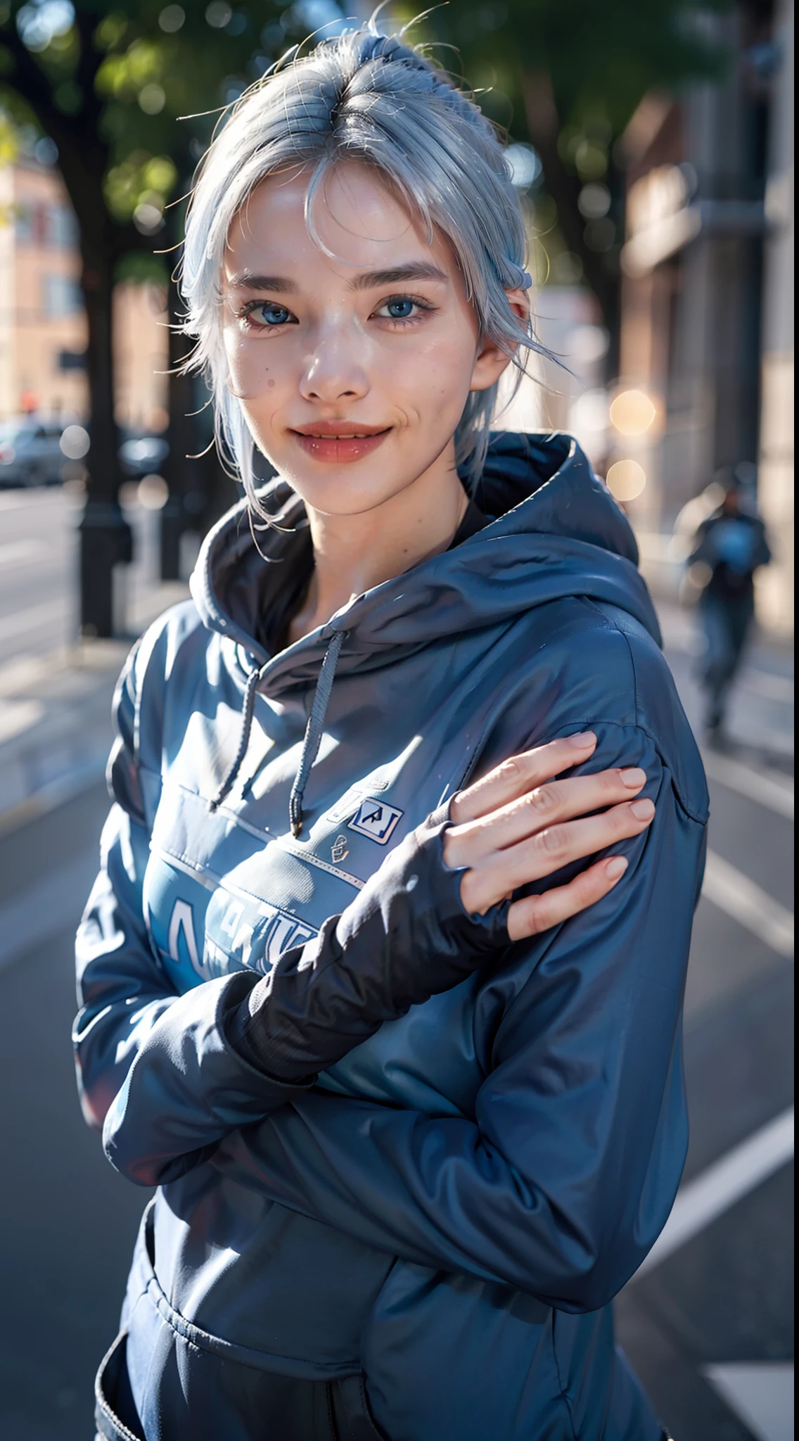 1girl, jett (valorant), cosplay, valorant, blue hoodie, blue eyes, smiling face, silver hair, gloves, solo, upper body, outdoors, noon, streets, sunshine, standing, beautiful face, (cowboy shot), 8k, hdr, ultra highres, masterpiece,(realistic), highly detailed CG unified 8K wallpapers, (HQ skin:1.2),8k uhd, dslr, high quality, beautiful skin, attractive, ultra-high resolution, ultra-realistic, high-definition, close-up, dynamic pose, looking at viewer,