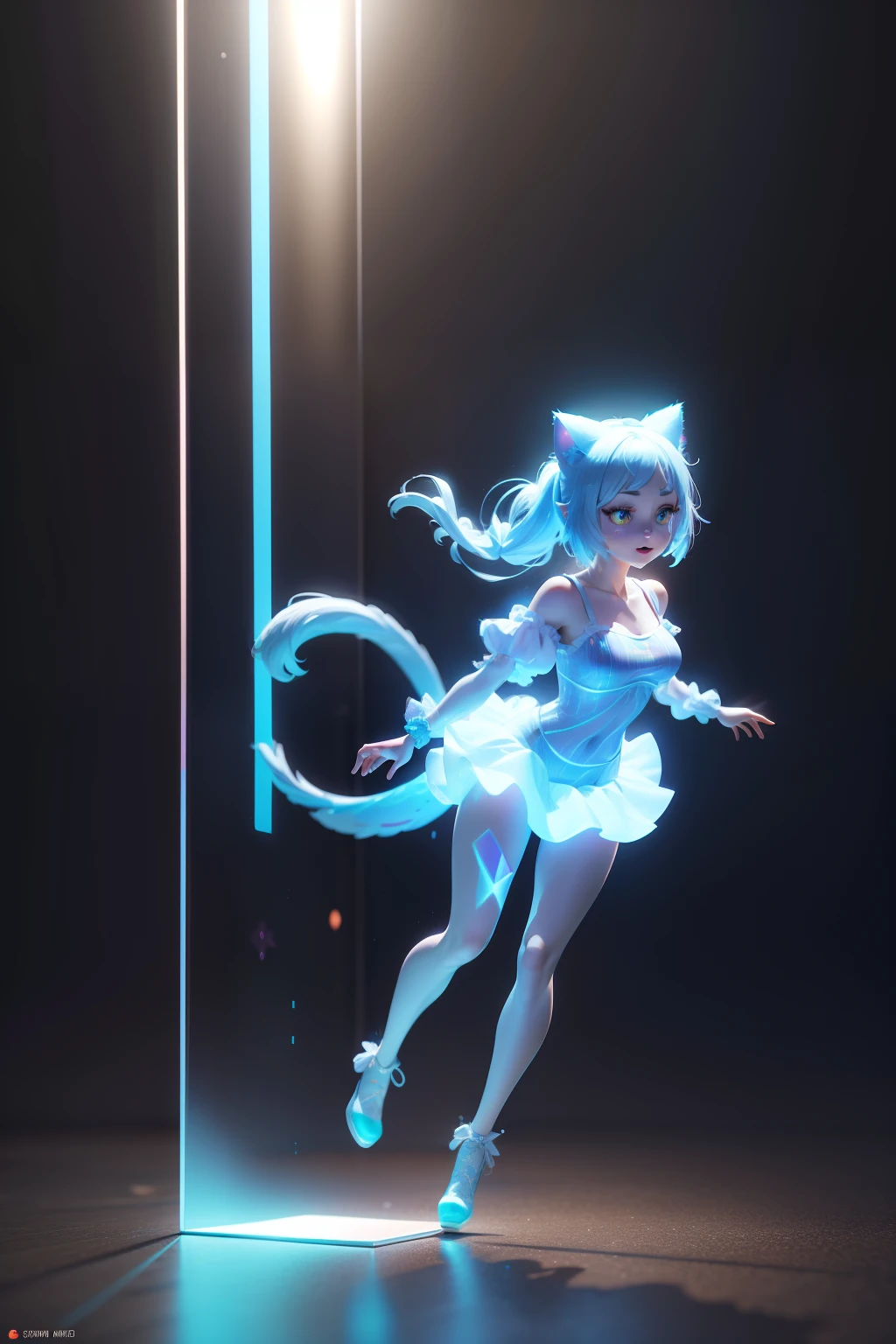 full body::2, super cute girl, fluorescent translucent holographic pajamas, blind box, pop mart design, exaggerated expressions and movements, fluorescent, holographic, diamond luster, metallic texture, fluorescent, holographic, a huge cat behind the gril, bright light, clay material, precision mechanical parts, close-up intensity, 3d, ultra- detailed, C4D, octane rendering, Blender, 8K, HD --niji 5 --style expressive