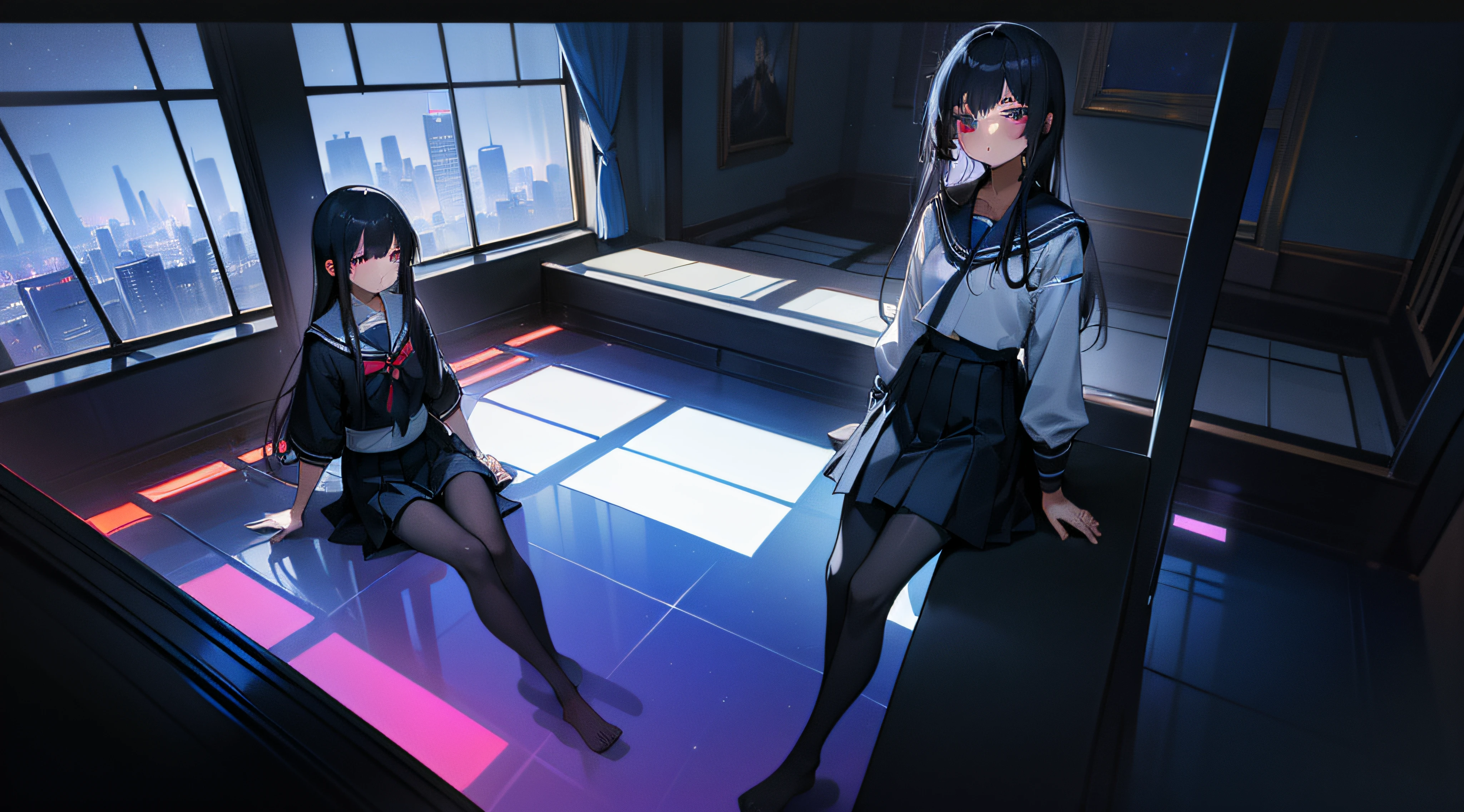 tmasterpiece、Need、Highest high resolution、Japanese high school student、Japanese high school girl、Dark blue top、a black pleated skirt、The slender legs are wearing dark black pantyhose、No shoes、ccurateblack hair、Long straight hair, blue colors+Black colored eyes、Sit by the large floor-to-ceiling windows、Outside the window is a sight that can only be seen from the upper floors：Illuminated streets、Brilliant neon lights、Dark night sky and starry sky。