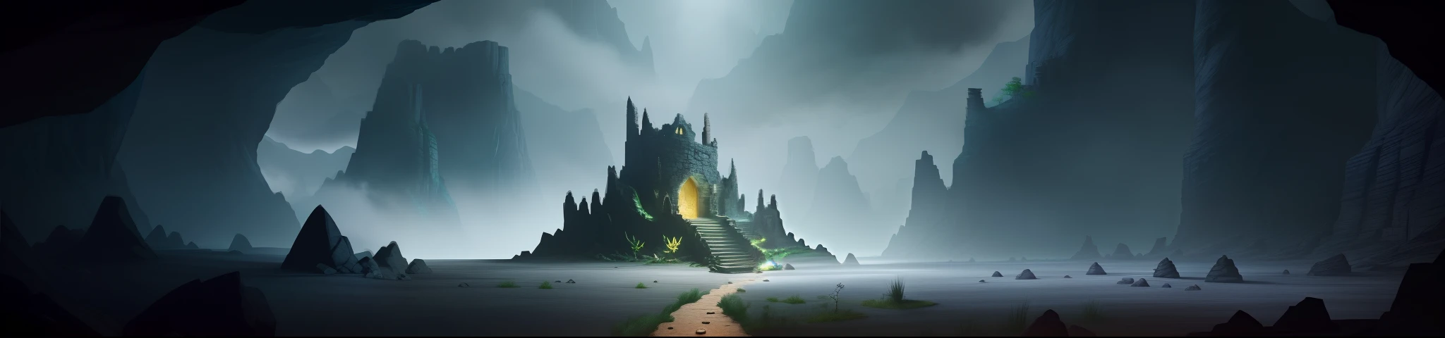 A dark cave mansion,The surroundings are very dark,There are some weeds,Rocks make up the background,There is a mutilated chair in the middle,The chair dam has part of the dragon's skull,The surrounding area is relatively empty,Cool tones。