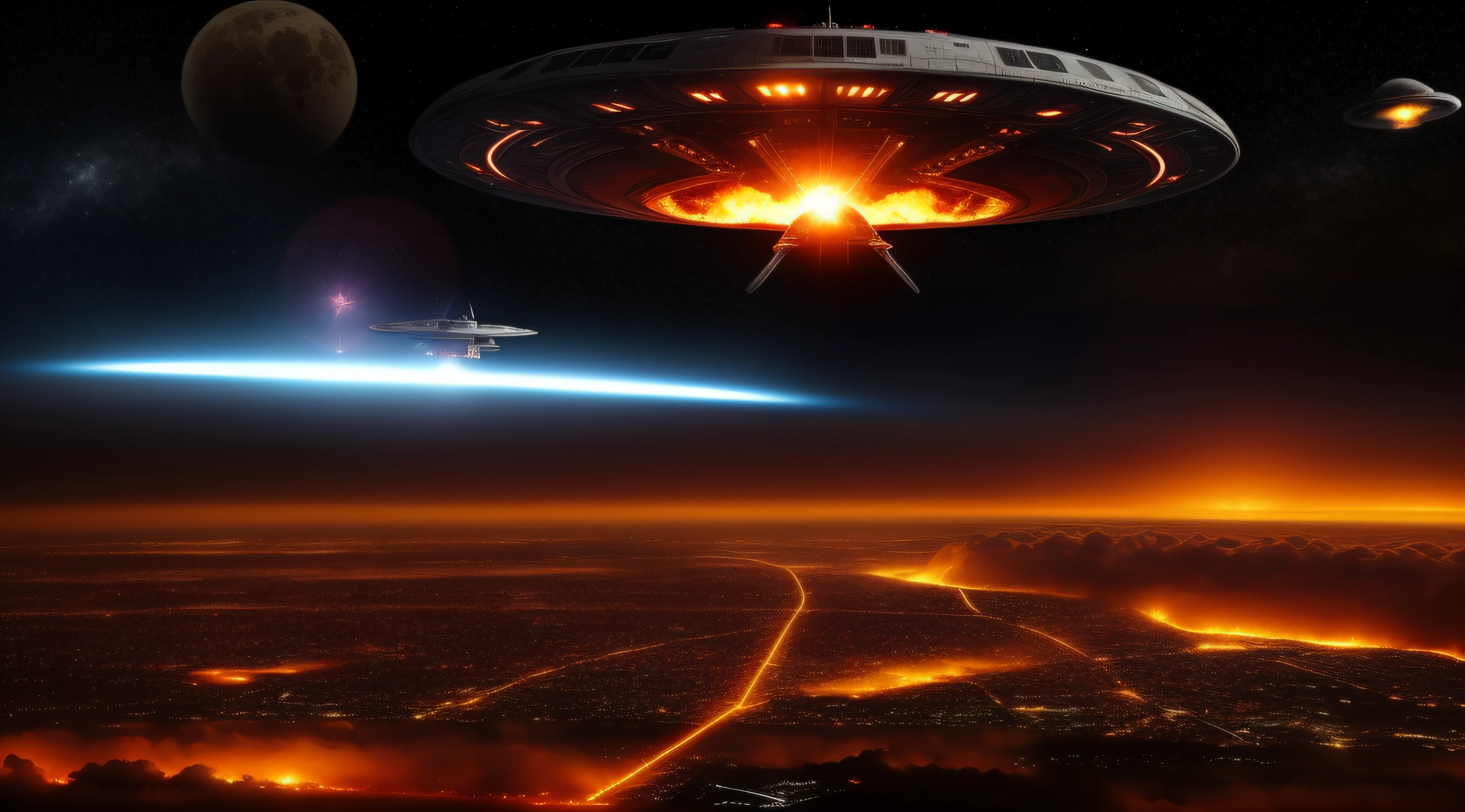Spaceships fly over cities during the day,ufo attack, The city becomes a sea of fire,Huge mushroom clouds form,Aliens invade Earth, depicted as a scifi scene, the ufo is over the city, Invasion of Earth time, alien spaceship, the spaceship is on fire, Alien battles in space, spaceships flying above, The spaceship exploded