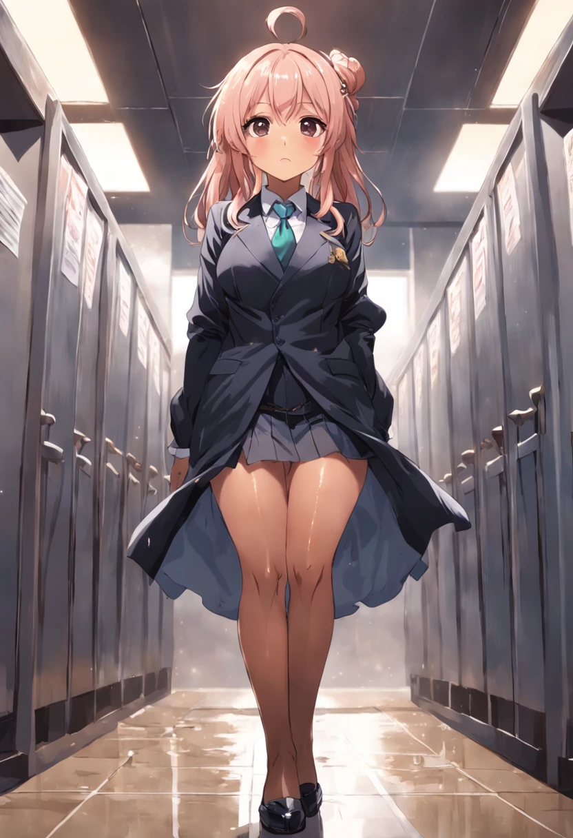 gyaru, office lady, 30 years old, dark skin, urination, wet legs, humiliated, urine puddles, tears, blush, soaked stockings