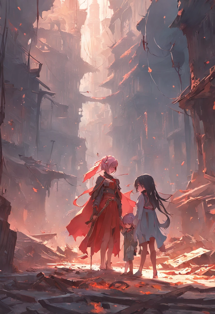 there is a woman and a child standing in a destroyed city, concept art by Tadeusz Pruszkówski, cgsociety contest winner, fantasy art, ross tran and michael whelan, karol bak and peter mohrbacher, marc simonetti and sakimicha, wlop and ross tran, wlop and andrei riabovitchev