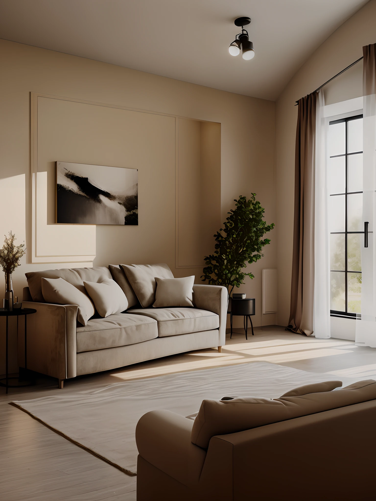 There is a sofa in the living room,There is a large window, very realistic 3 d render, high quality 3 d render, high quality 3d render, unreal 5 engine highlly render, hyper realistic detailed rendering, in style of 3d render, hyperrealistic 3 d render, with photorealistic lighting, very realistic render, photorealistic cinematic render, beige and dark atmosphere