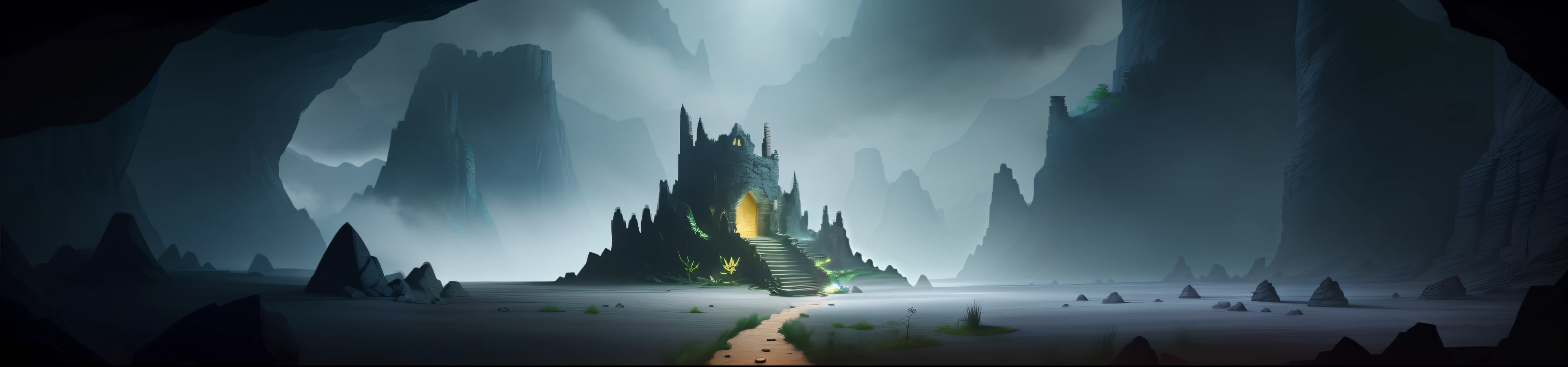 A dark cave mansion，The surroundings are very dark，There are some weeds，Rocks make up the background，There is a mutilated chair in the middle，The chair dam has part of the dragon's skull，The surrounding area is relatively empty，Cool tones。