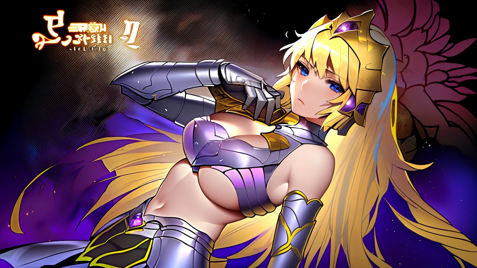 Anime girl with long blonde hair wearing armor and sword, knights of zodiac girl, portrait knights of zodiac girl, In amethyst armor, oppai, Colossal tits, with large breasts, seductive princess knight, anime goddess, Princess Knight, ((a beautiful fantasy empress)), blonde - haired princess, princess intergalactica, a blonde emerald warrior, Anime Manga Robot!! an anime girl, Dress Armor Girl