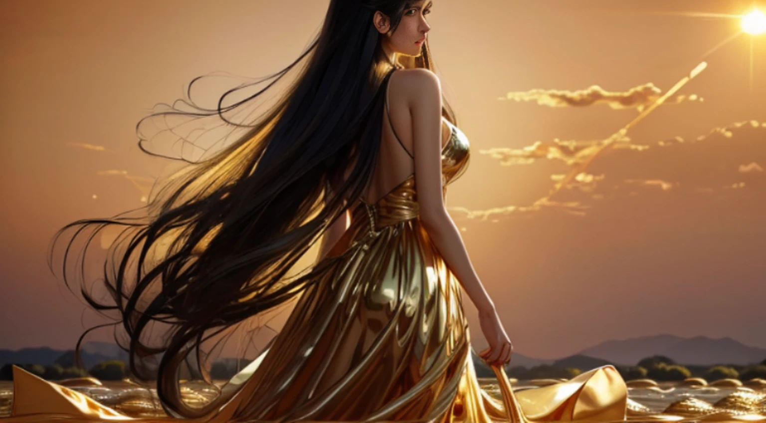 (RAW photo:1.2), (photorealistic:1.4),(masterpiece:1.3),(best quality:1.4), dreamlike, (detailed eyes),(detailed facial features), (detailed clothes features), skin tight, (shiny skin),(slender girl),(slim girl), 1girl,solo, cute, innocent, smlie, VirtualGirl-Aim, (medium breasts), bangs, straight hair, long hair, black hair, black eyes, crystal pendant, long dress, (floating hair:1.6), (ranch), (horses from far), (sunset), (golden hour:1.6), (backlight:1.2), (natural sunlight from back:1.4)