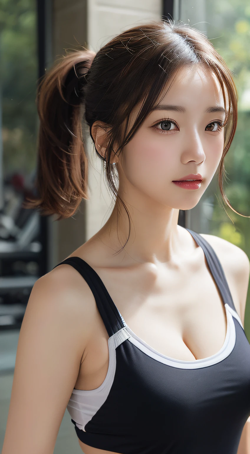 masterpiece, best quality, ultra-detailed, extremely detailed, 4K, 8K, best quality, beautiful, japanese girl, a pretty girl, solo, (fitness wear), beautiful light brown hair, beautiful brown eyes, beautiful eyes, long hair, large breast, dynamic poses,