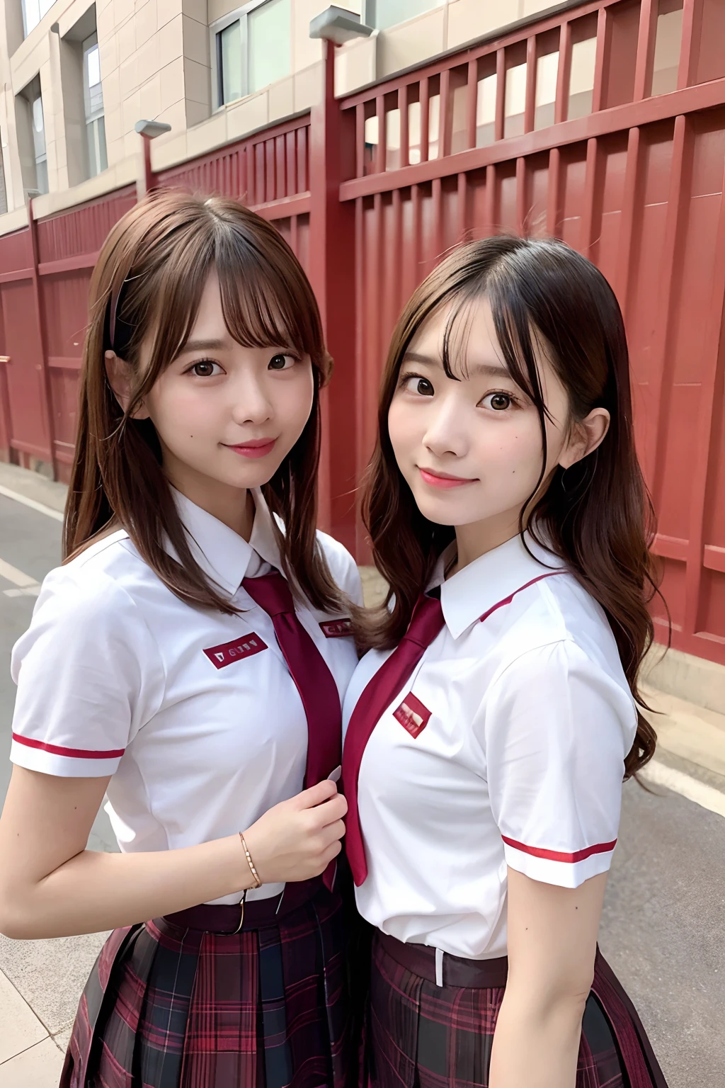 Two women in school uniforms pose for a group photo in front of the red wall, red velvet, inspired by Yanjun Cheng, JK school uniform, jaeyeon nam, wearing white clothes, Two Japanese female students pose for a group photo, with a twin, Show the chest, white red, beautiful gemini twins portrait, in school uniform, seifuku, Official artwork, Red Uniform, White uniform