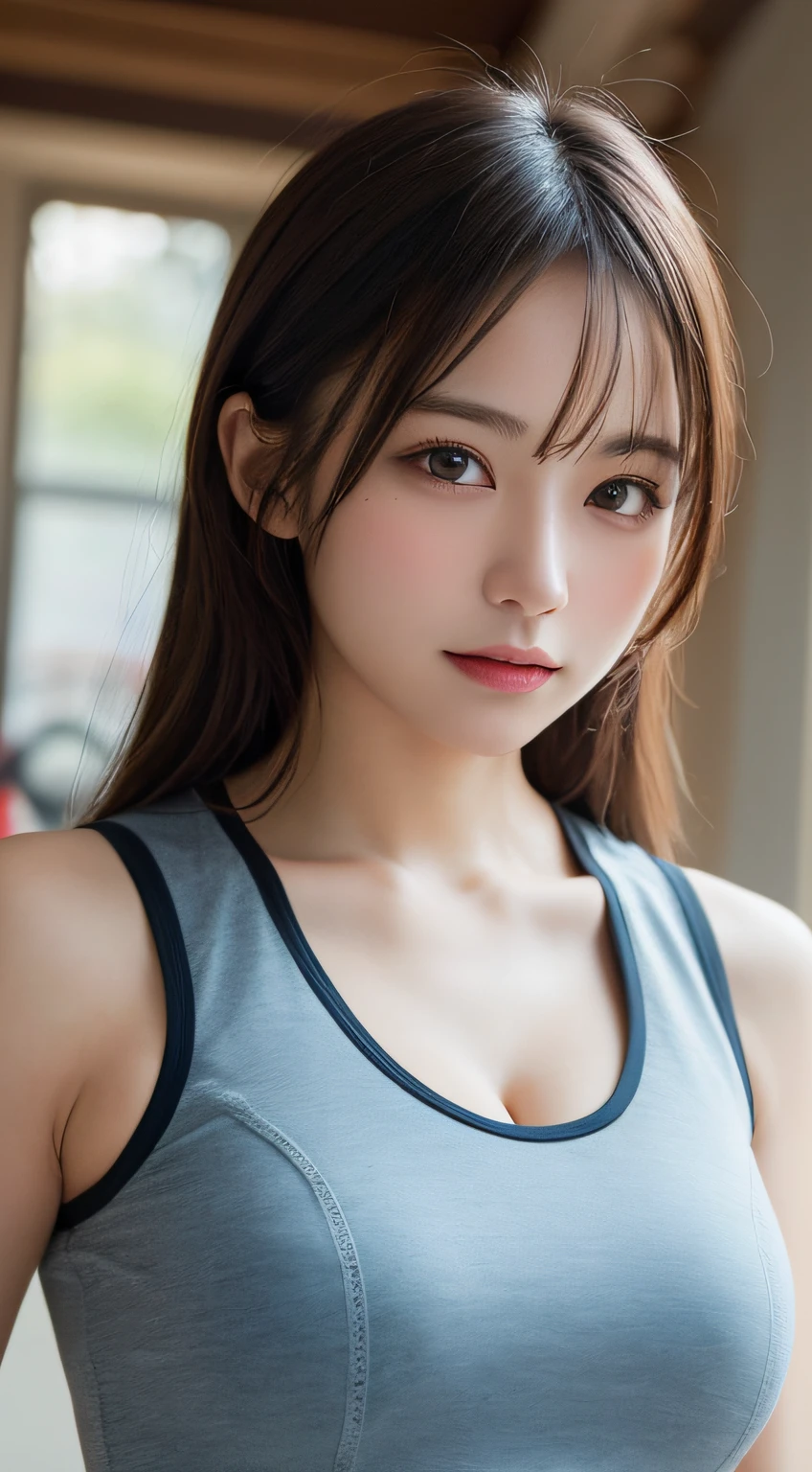 (Highly realistic photos, High resolution, Detailed face, fine grain) Skinny Japanese woman, 18-year-old, Cute Face, alone:1, Nice body, Slim figure, Small breasts, Thin chest, Accentuates a very slim waist, Track and field uniforms, Photo from the waist up、Big Breasts