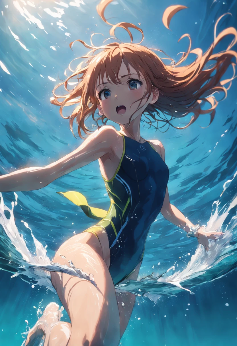 slender girl swimming in the ocean, view from below, view from behind, girl is kicking and making a splash
