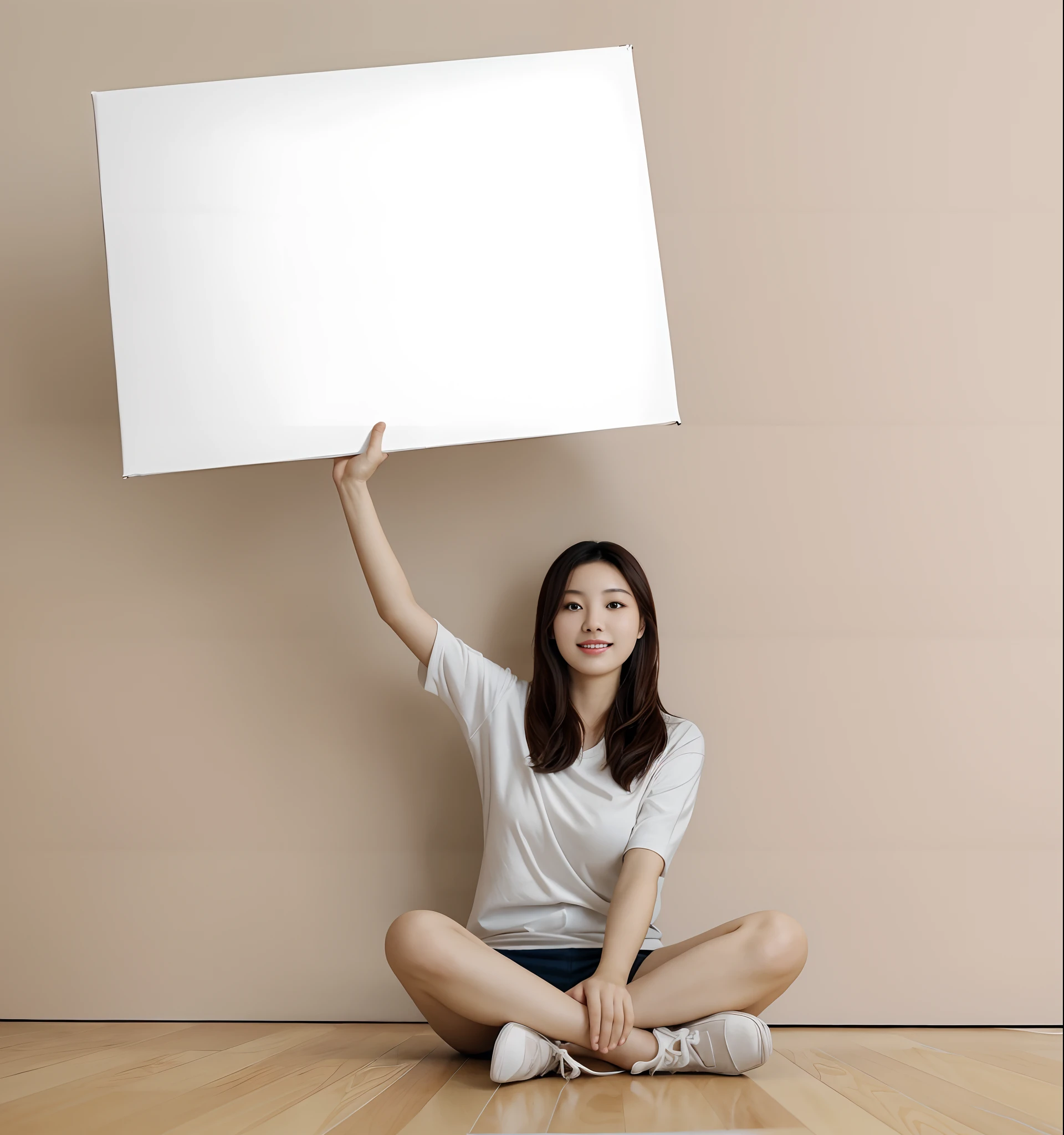 Bright living room space,a big breast chinese girl,Sit on the living room floor,He held white cardboard in his hand