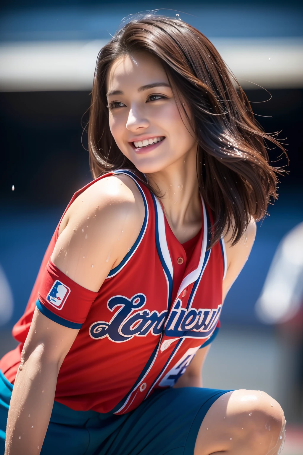 (Best Quality, 8k, 32k, Masterpiece, UHD:1.2), (1 slender woman of Japan, 28 years old, tall gravure model), Dark Brown Hair, Bright in the foreground, Professional Lighting, Photon Mapping, Radiosity, shading:1.3, (High Definition Skin:1.2), huge breasts:1.5, (shorts, Exposed Shoulder:1.1), squatting with legs open, ((provocative dynamic pose)), (she is wet), Top-Down View:1.5, (baseball Uniform:1.1, ), Ultra Detailed Face, Detailed Lips, Detailed Eyes, Double Eyelids, Inside the Stadium, looking camera, (sensual gaze to the photographer, lips slightly open) clear sky, baseball stadium, Spectators get excited, confetti flies, Happy smile,