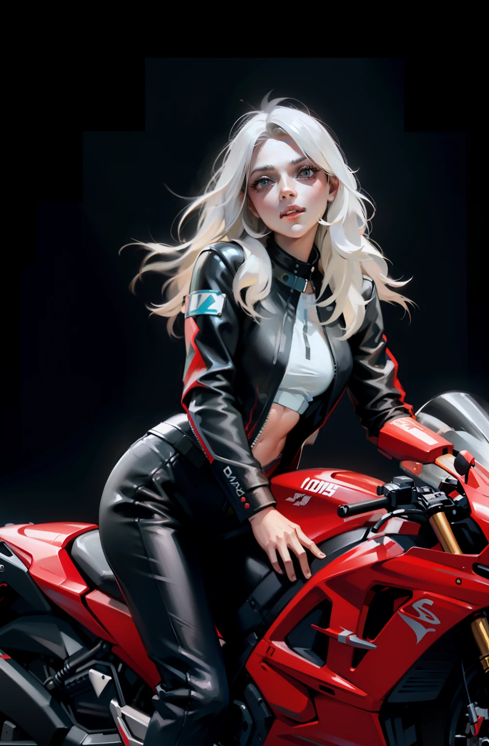 Motorcycle girl, white hair, blue beautiful eyes, wearing a red and black racing suit, motorcycle, black background, characters occupy 1/2 of the picture space