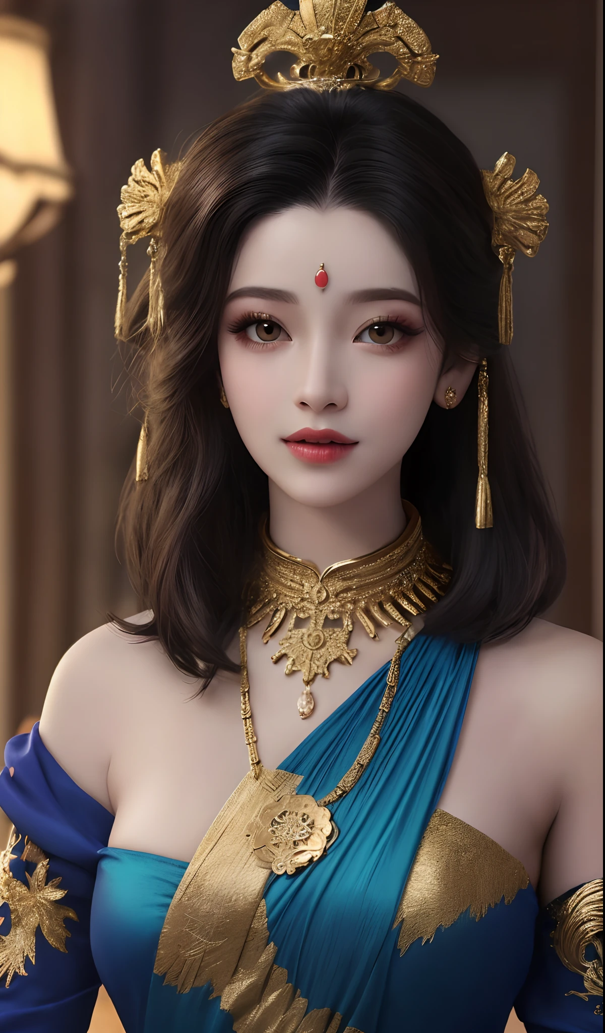 rainha bonita,Pele branca do,rosy lips,figura corporal perfeita,Cabelo com coroa de ouro,Colar de gargantilha,Ornamentos de ouro,ouro,Yingluo,turquesa,Safiras,8k,com serpentes