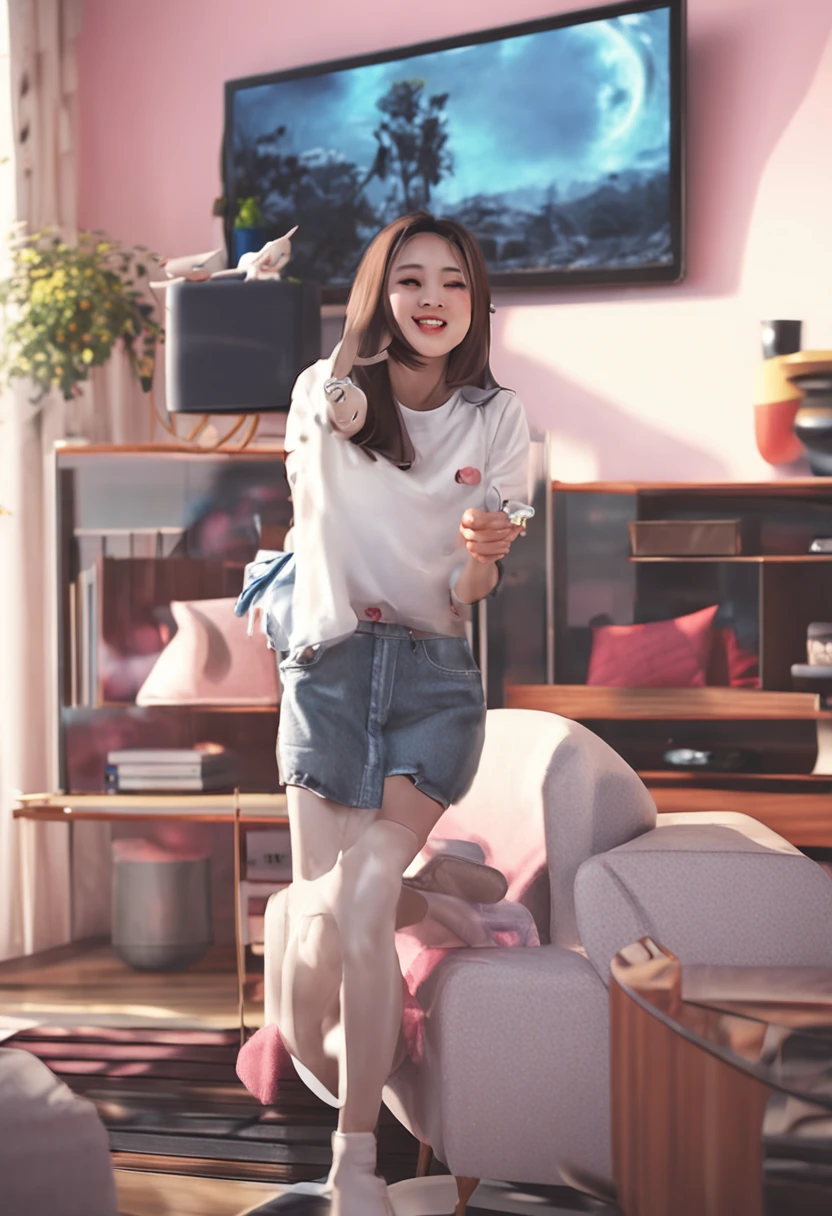 A cute Japanese girlfriend in white socks bouncing on the sofa