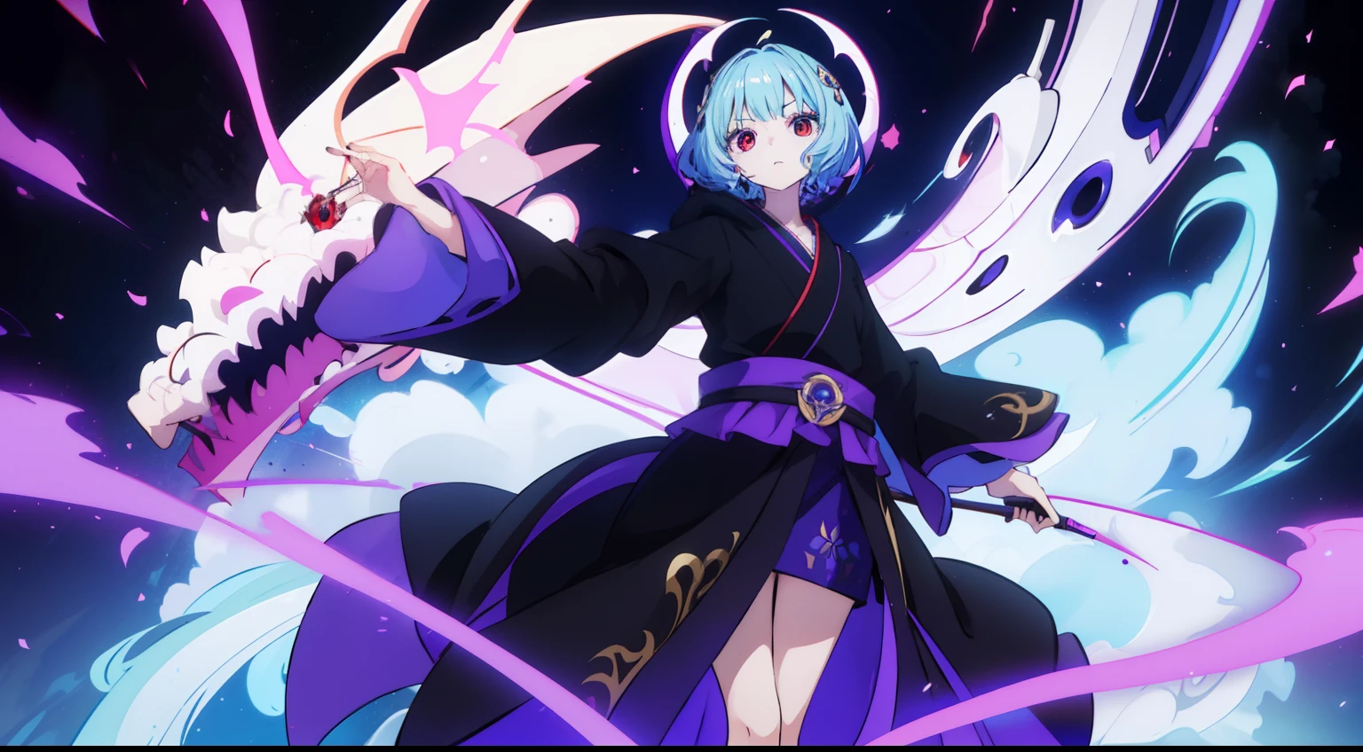 masutepiece, Fine details, 4K, 8K, 12K, Solo, 1 person, Beautiful Girl, caucasian female, 15 years old, 149 cm, Light blue hair, Short hair, Wavy Hair, Red Eyes, Black costume、black robes, Long sleeves, Wide sleeves, long hem, long hem、I can't see my knees、Black hood、Full body black、Purple effect、Dragon effect