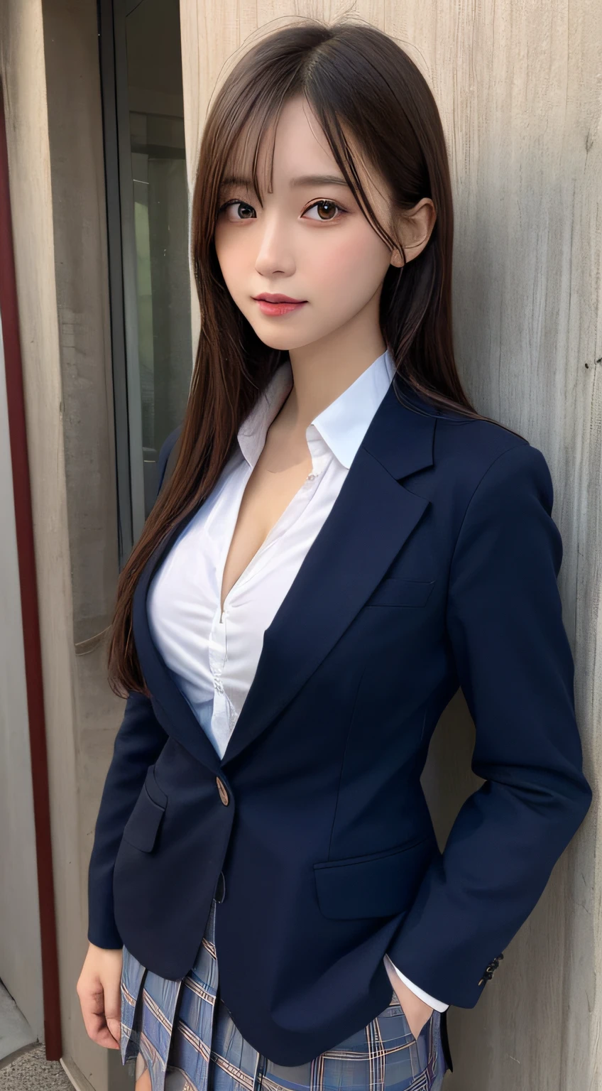 masutepiece, Best Quality, Illustration, Ultra-detailed, finely detail, hight resolution, 8K Wallpaper, Perfect dynamic composition, Beautiful detailed eyes,  Natural Lip,Blazer ,School uniform, cleavage, Full body,Put your hands in your pockets