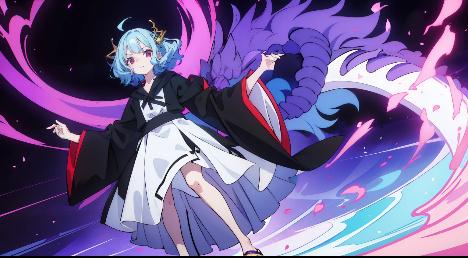 masutepiece, Fine details, 4K, 8K, 12K, Solo, 1 person, Beautiful Girl, caucasian female, 15 years old, 149 cm, Light blue hair, Short hair, Wavy Hair, Red Eyes, Black costume、black robes, Long sleeves, Wide sleeves, long hem, long hem、I can't see my knees、Black hood、Full body black、Purple effect、Dragon effect