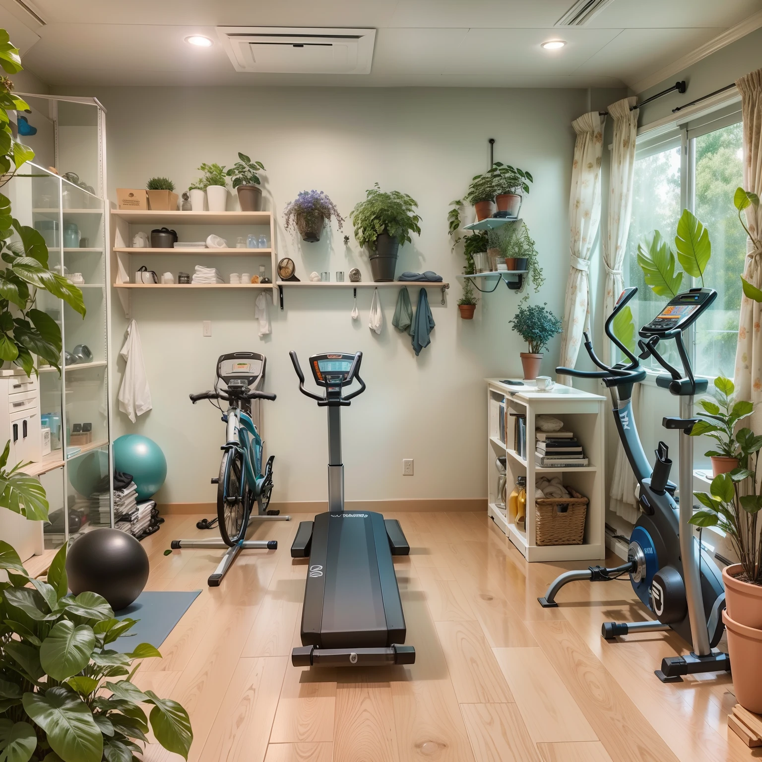 Desiner of a clear room with various exercise equipment, uma mesa com vasos de flores